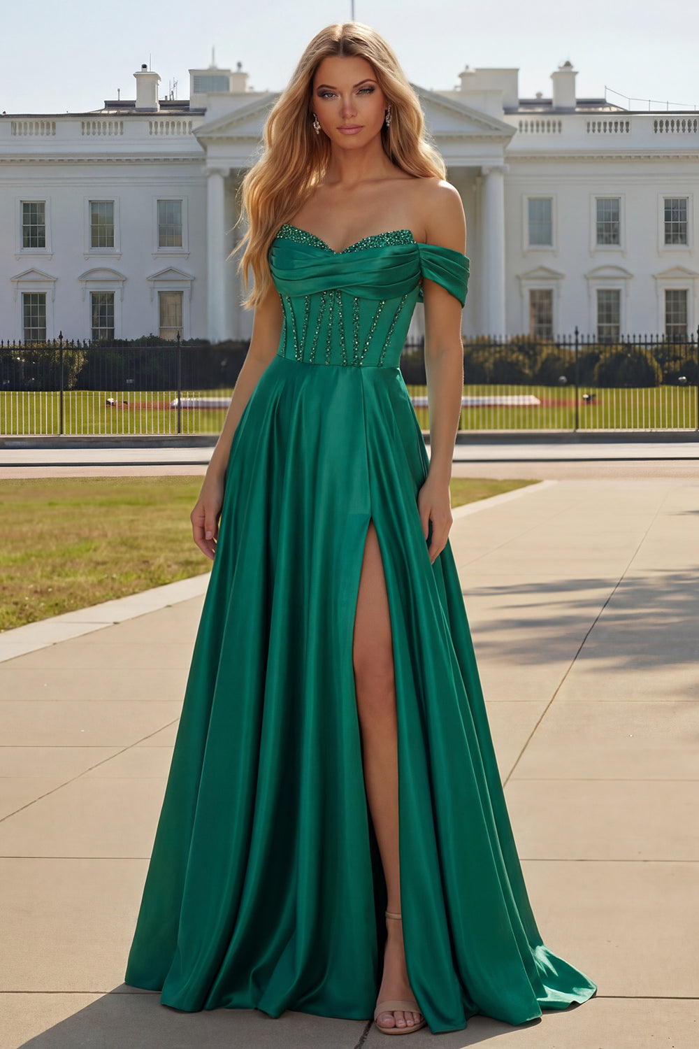 Sparkly Dark Green A Line Beaded Long Corset Prom Dress with Slit