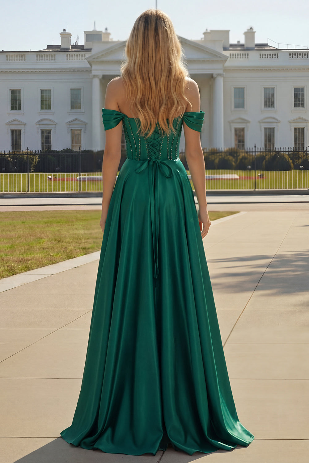 Sparkly Dark Green A Line Beaded Long Corset Prom Dress with Slit