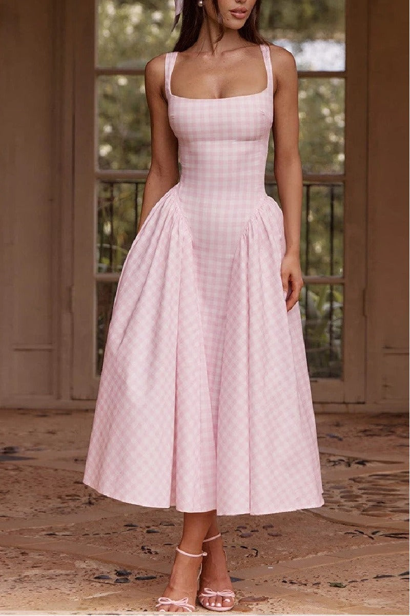 A-Line Tea Length Printed Cotton Wedding Guest Dress 1040459988093