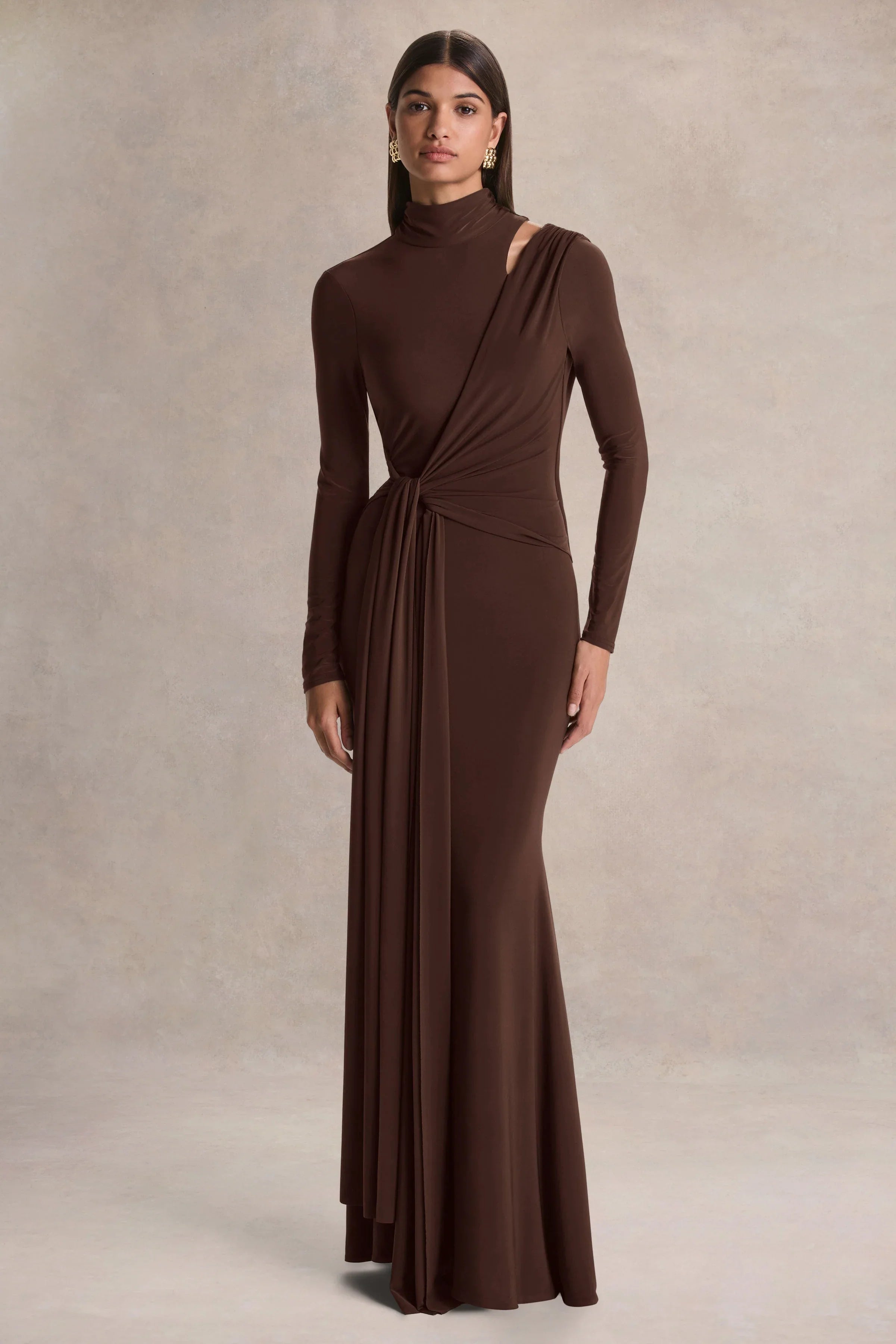 Alastrina | Brown High-Neck Maxi Dress With Gathered-Detailing