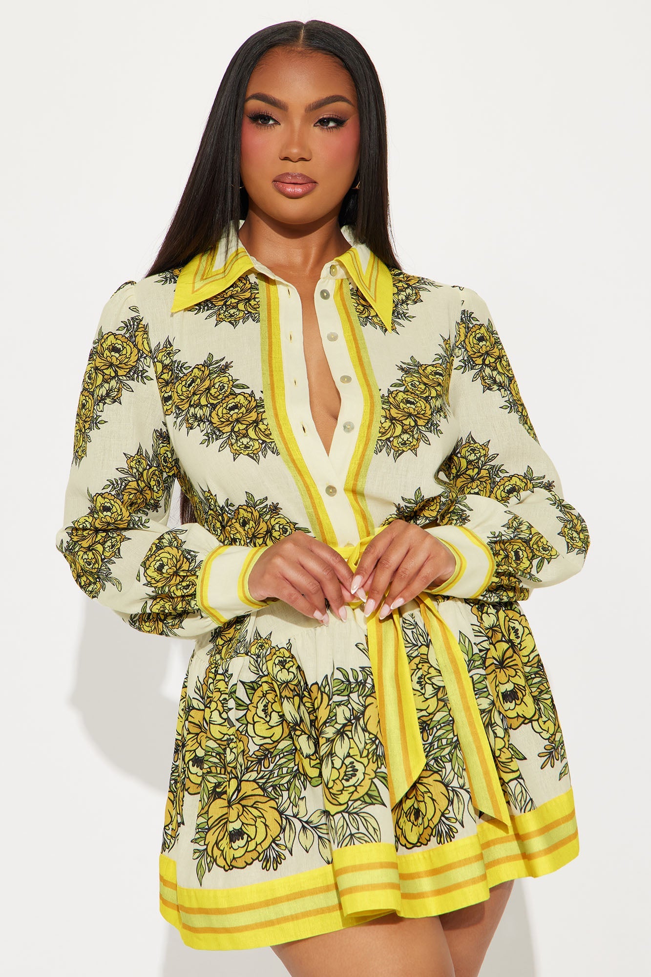 Garden Party Linen Mini Dress - Yellow/combo