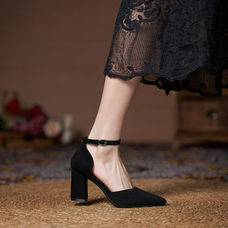 Suede Pointed Toe Block Heel Pumps Ankle Strap Elegant Shoes 695304002209