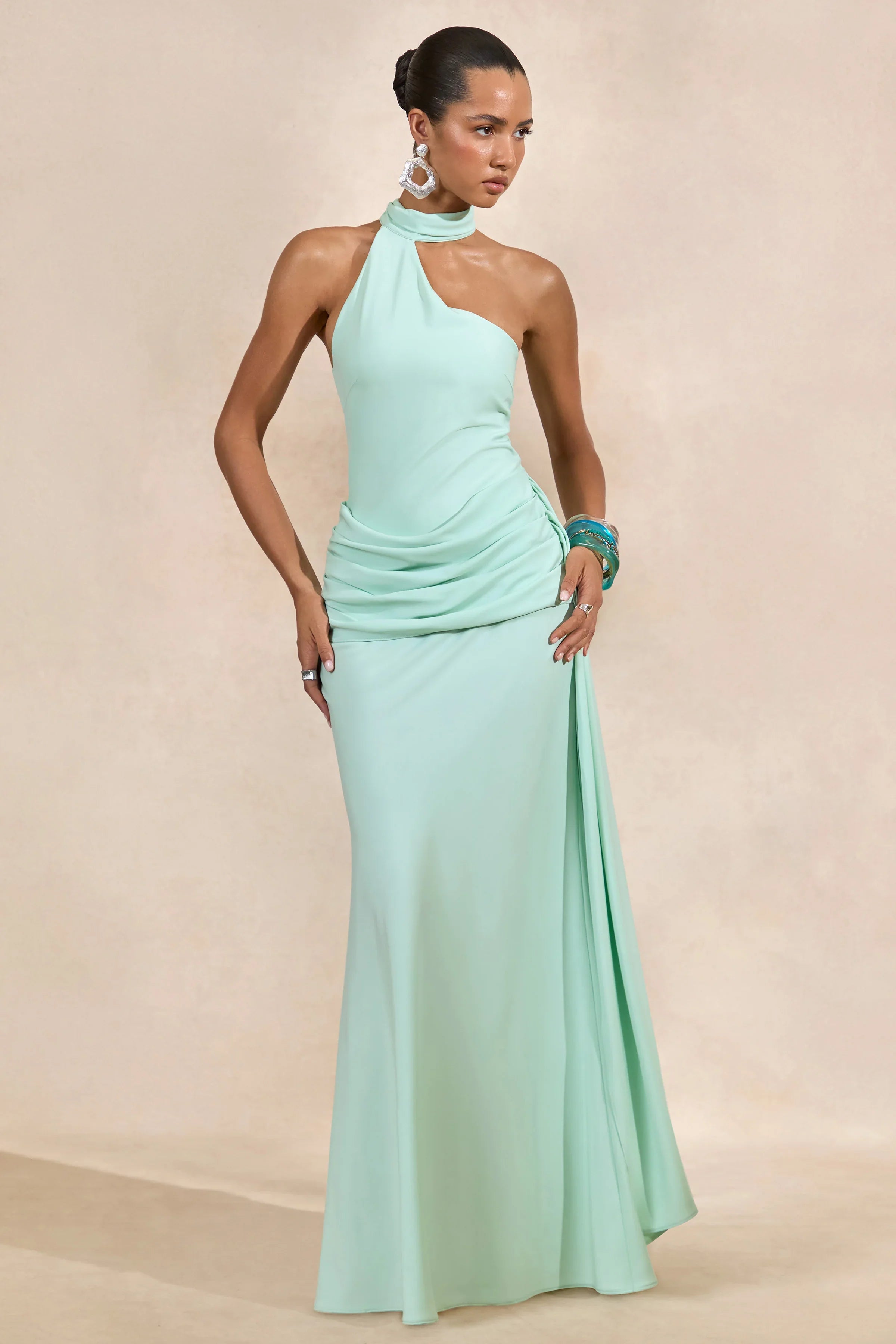 Aevina | Mint Satin Asymmetric-Neck Maxi Dress With Scarf-Detail