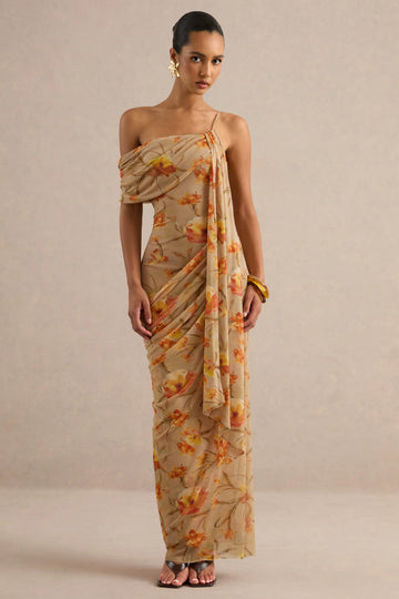 Afton | Orange Floral Mesh Asymmetric-Neck Maxi Dress With Sash Detail