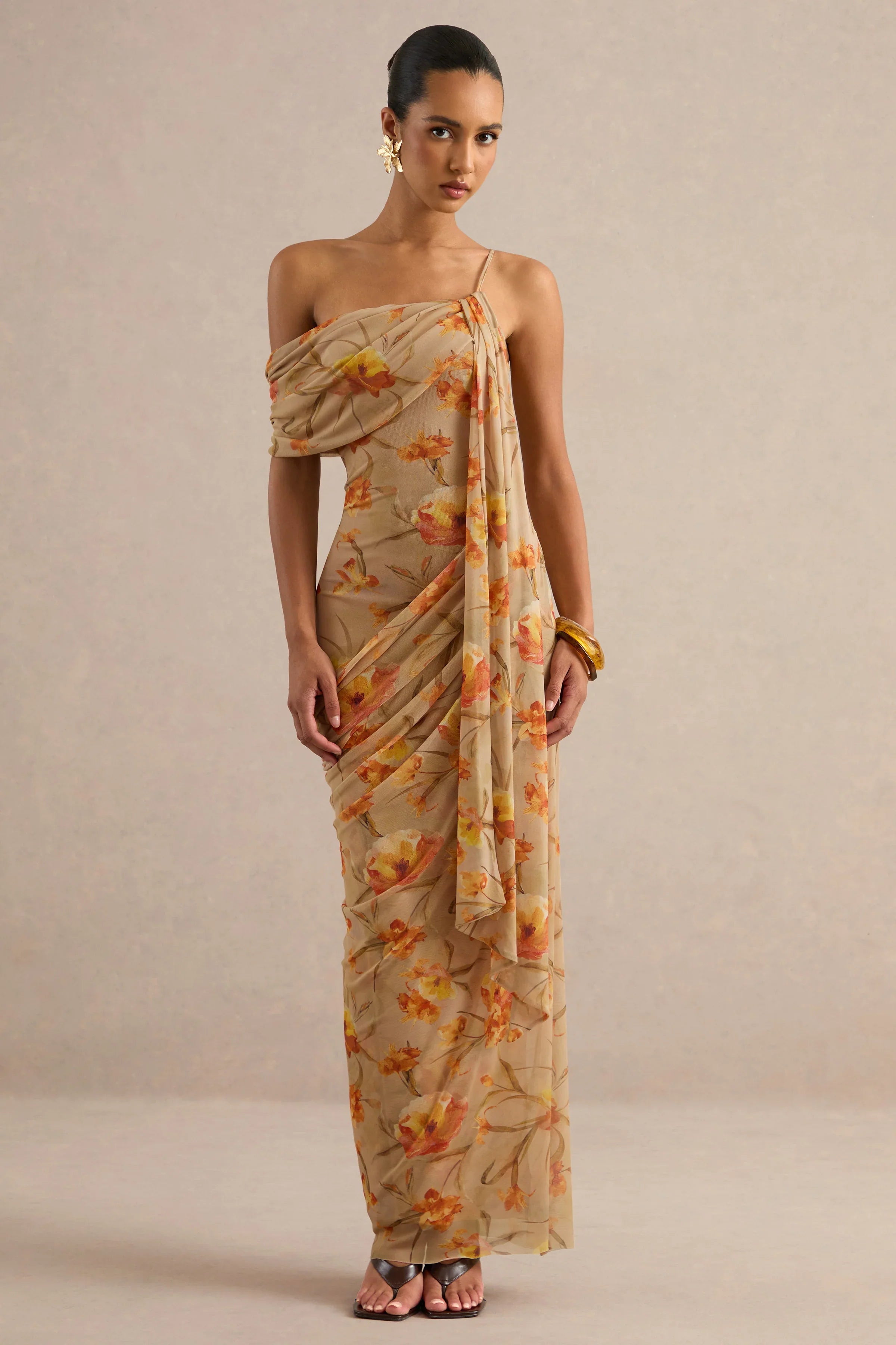 Afton | Orange Floral Mesh Asymmetric-Neck Maxi Dress With Sash Detail