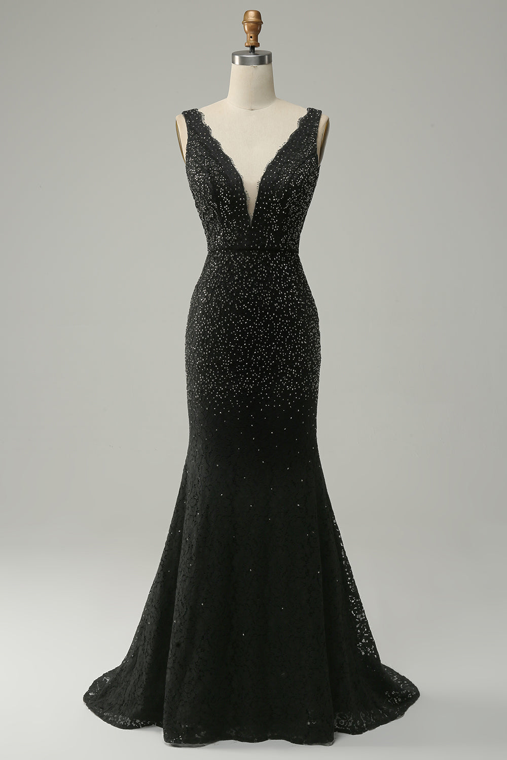 Sparkly Mermaid Deep V Neck Black Lace Long Prom Dress with Beading