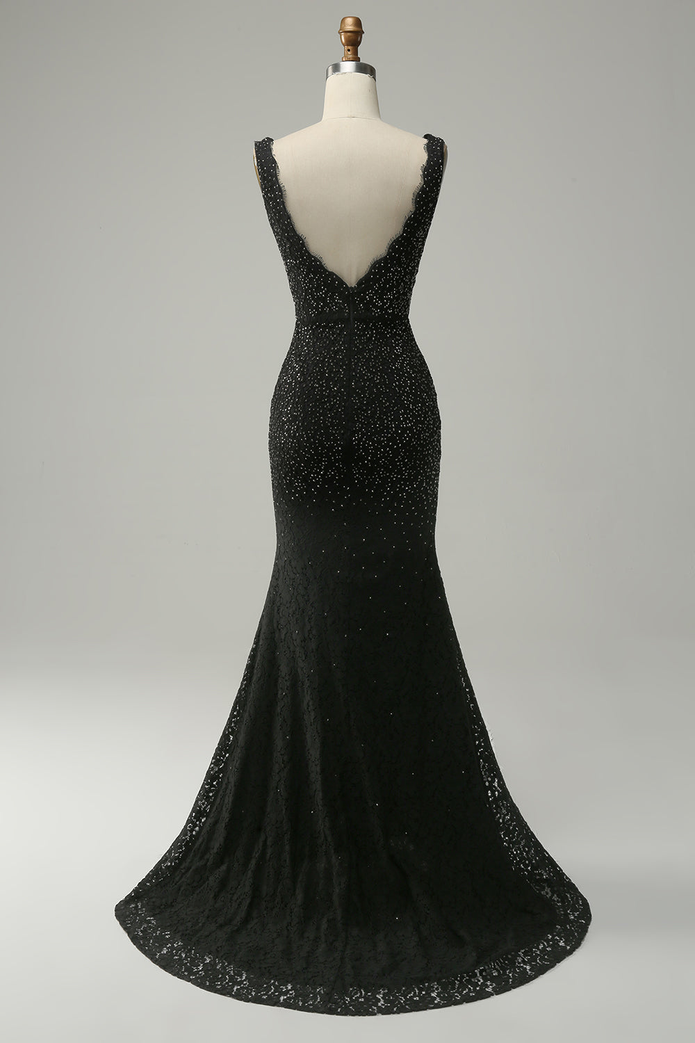 Sparkly Mermaid Deep V Neck Black Lace Long Prom Dress with Beading