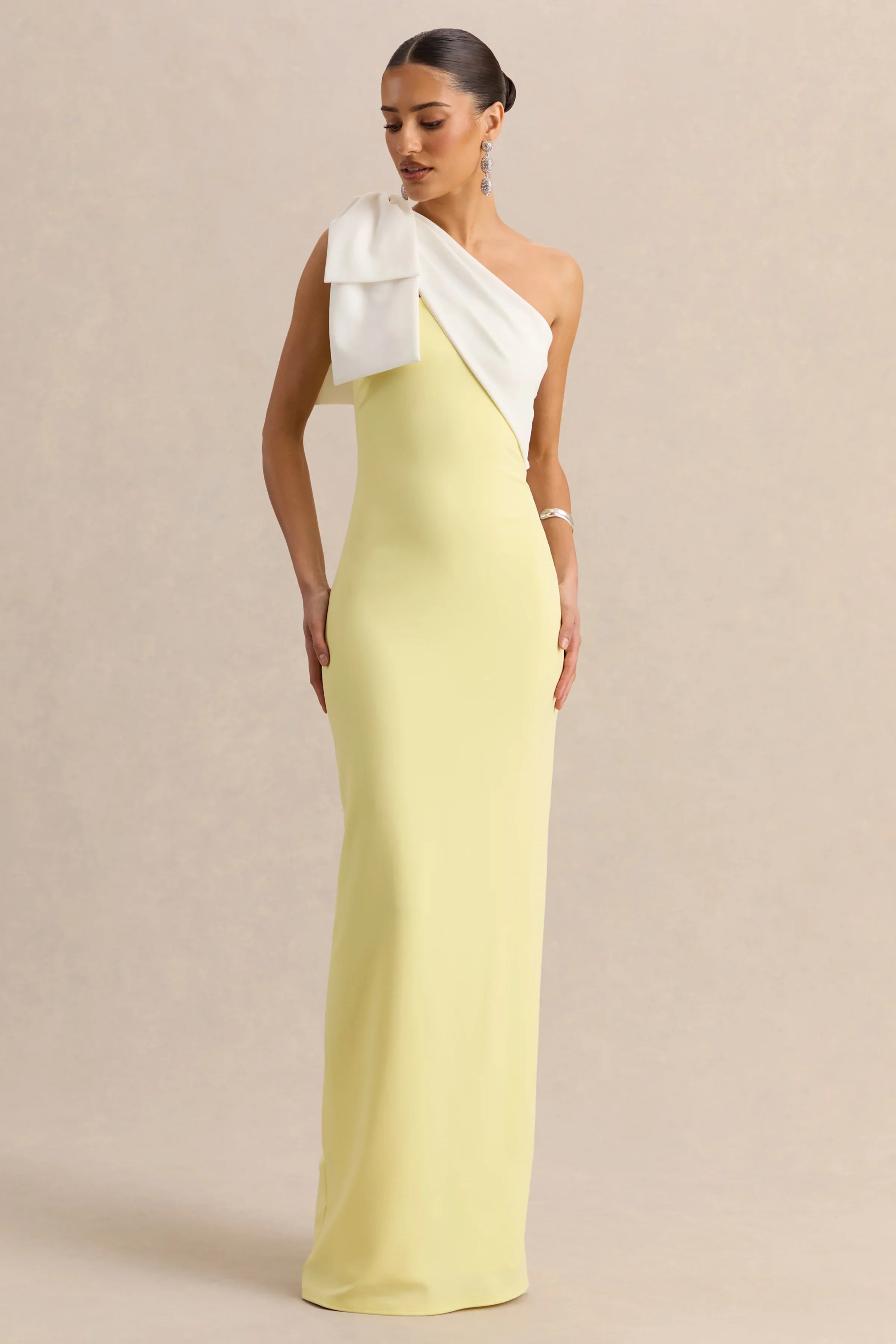 Adara | Lemon & White Asymmetric-Neck Maxi Dress With Bow-Detail