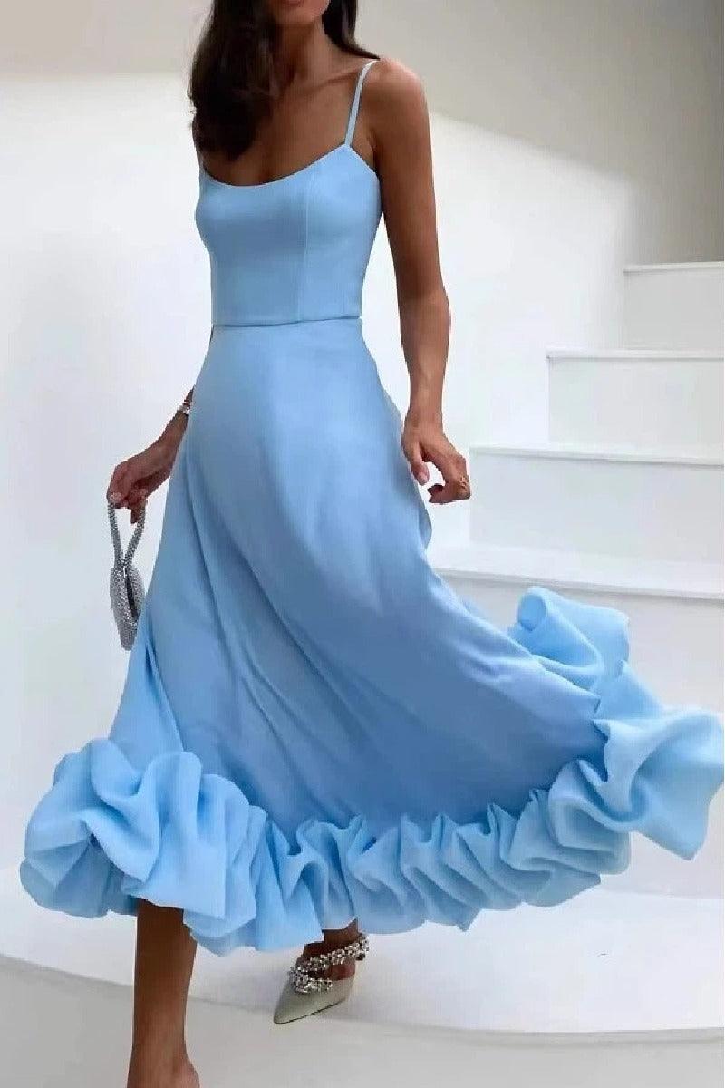 A-Line Tea Length Chiffon Wedding Guest Dress 714081841047