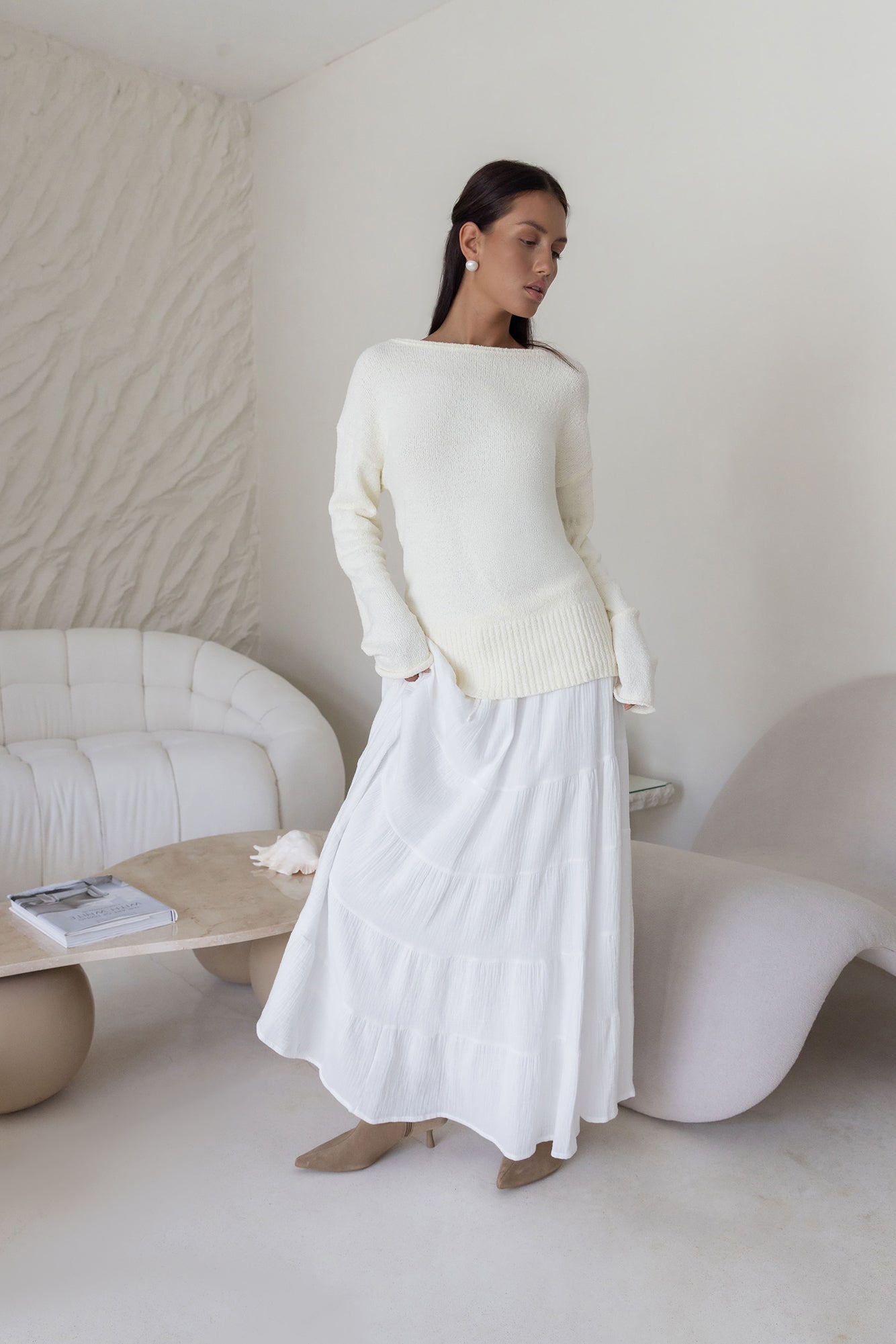 Sugar Petal Off Shoulder Knit Sweater White