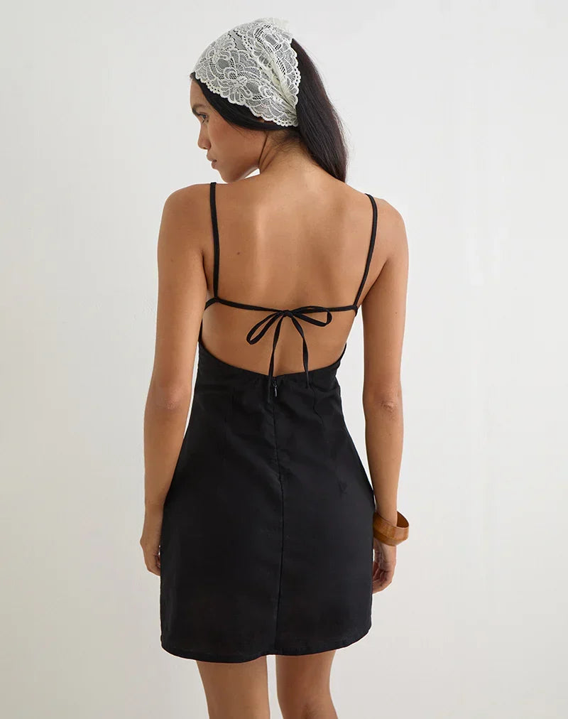 Ambra Scoop Mini Dress in Linen Black