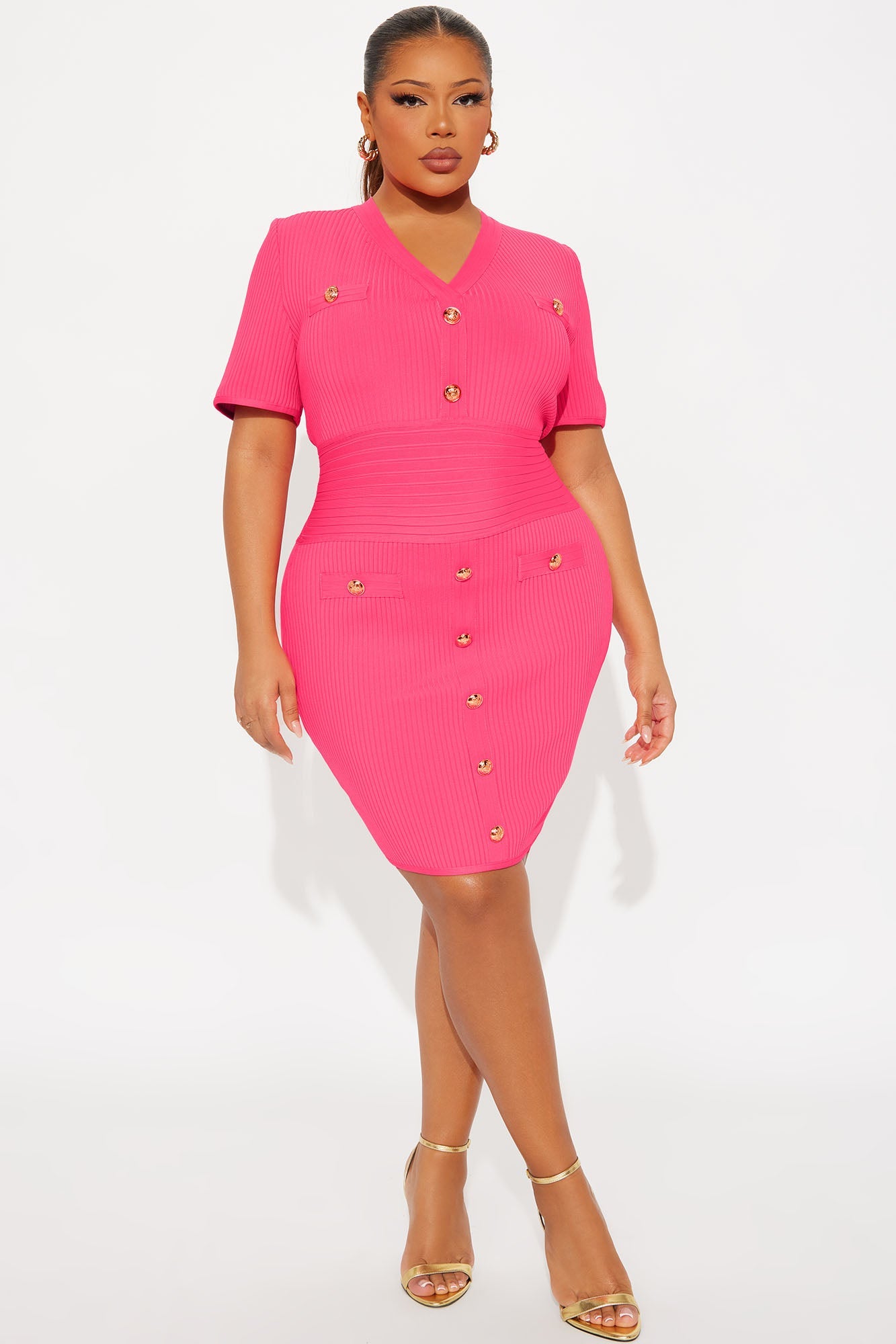 Brielle Button Short Sleeve Bandage Mini Dress - Hot Pink