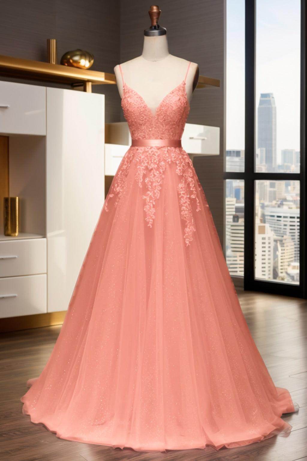 A-Line Sweep-Brush Train Tulle Prom Dress CS0464