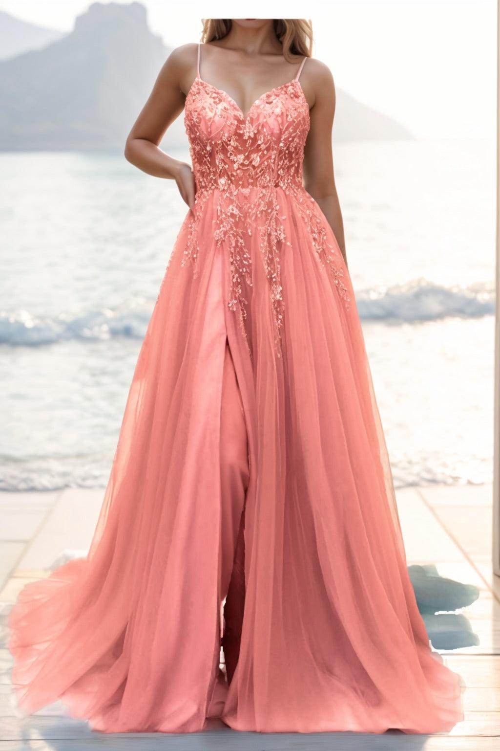 A-line Sweep-Brush Train Tulle Prom Dress CS0402