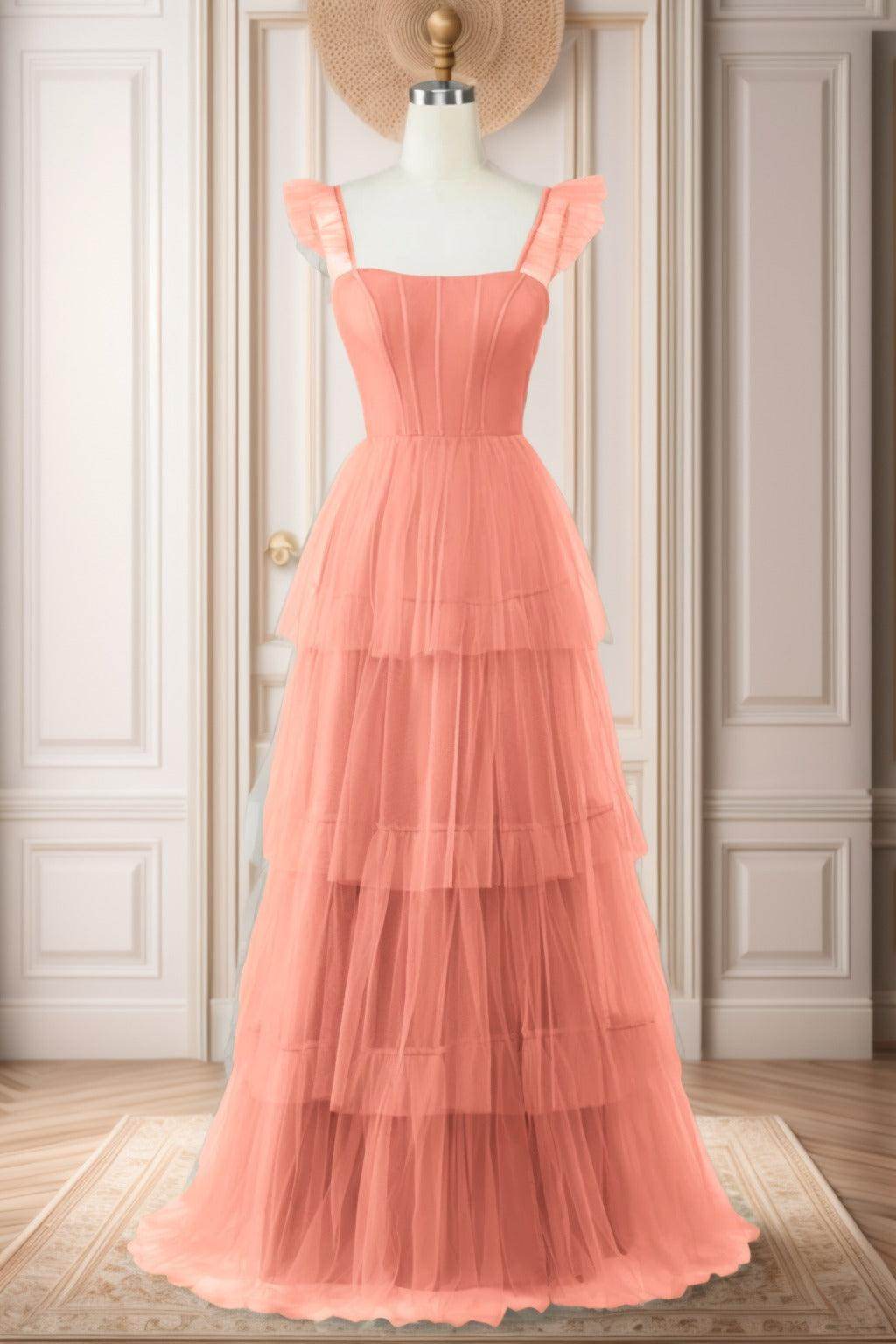 A-Line Sweep-Brush Train Tulle Prom Dress CS0471