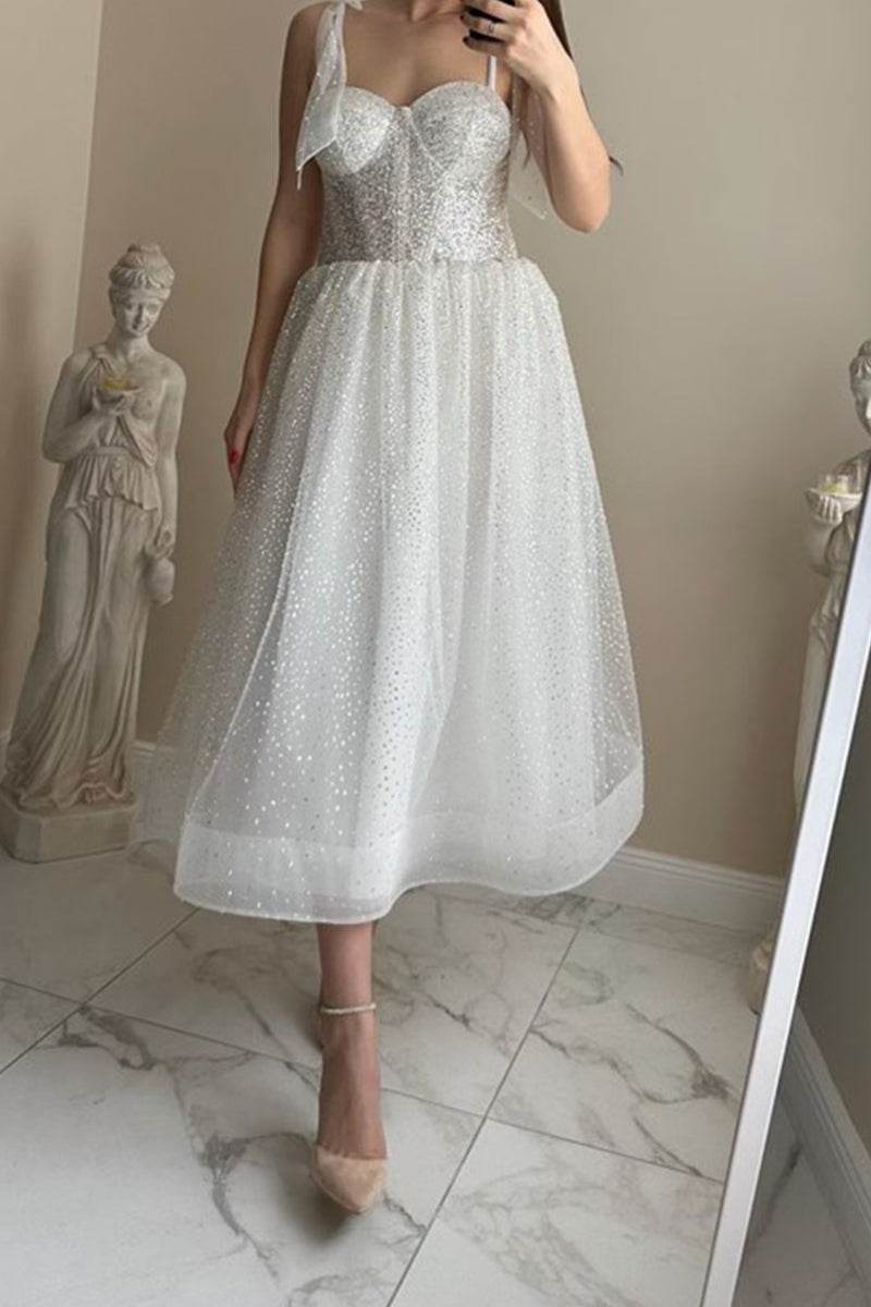 A-Line Tea Length Sparkling Tulle Little White Dress 100004