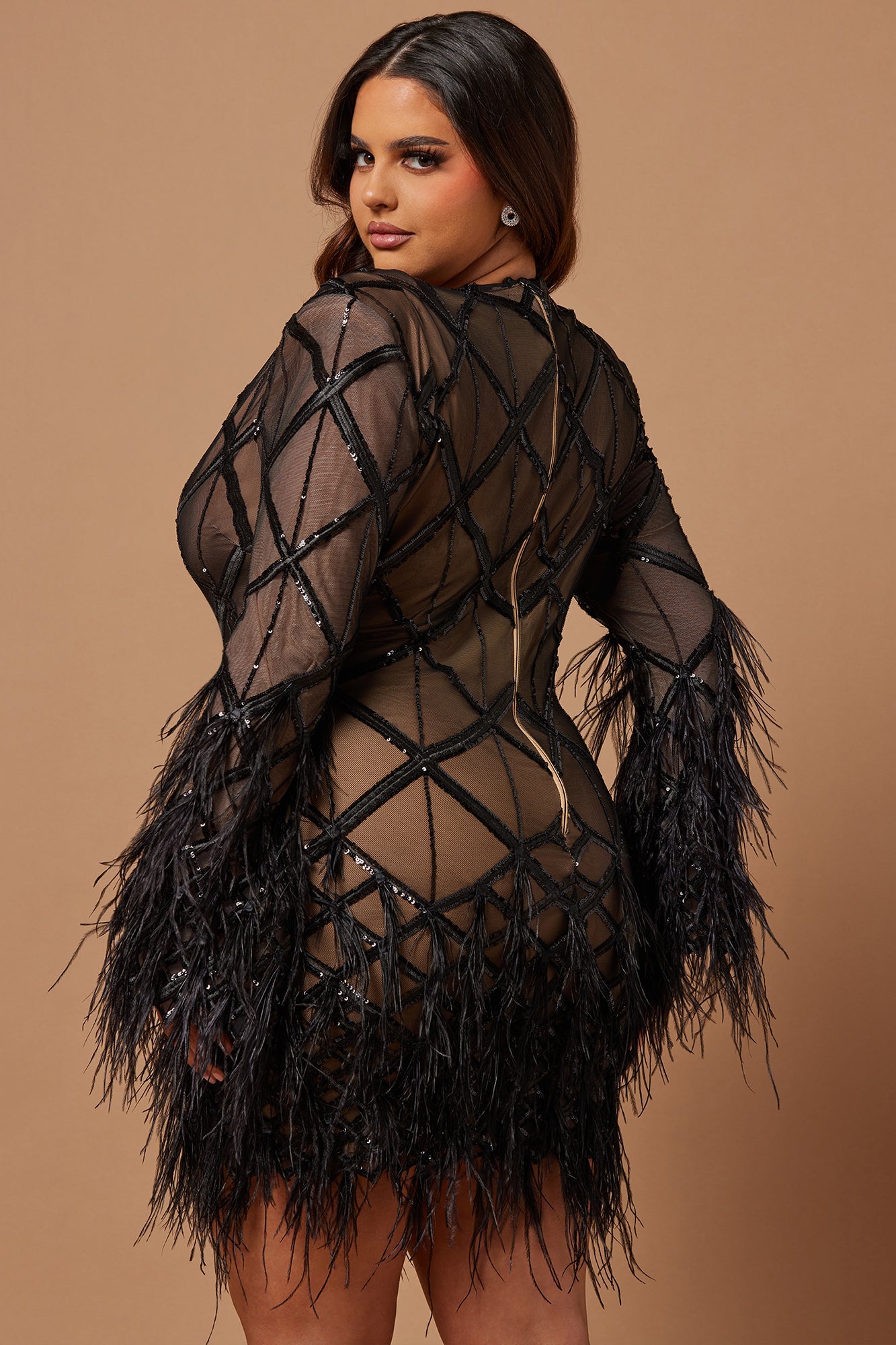 Amber Deep V Embellished Feather Trim Mini Dress - Black