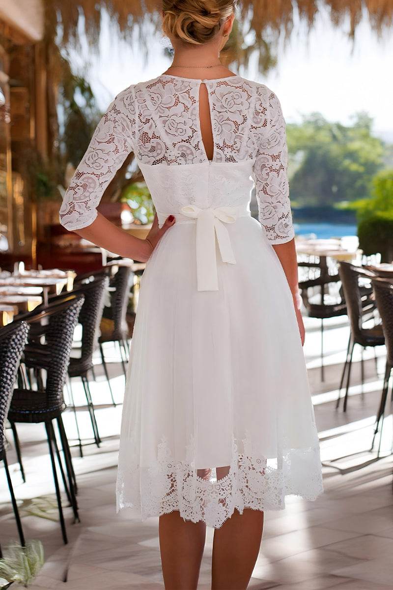 A-Line Tea Length Lace Tulle Little White Dress 100014