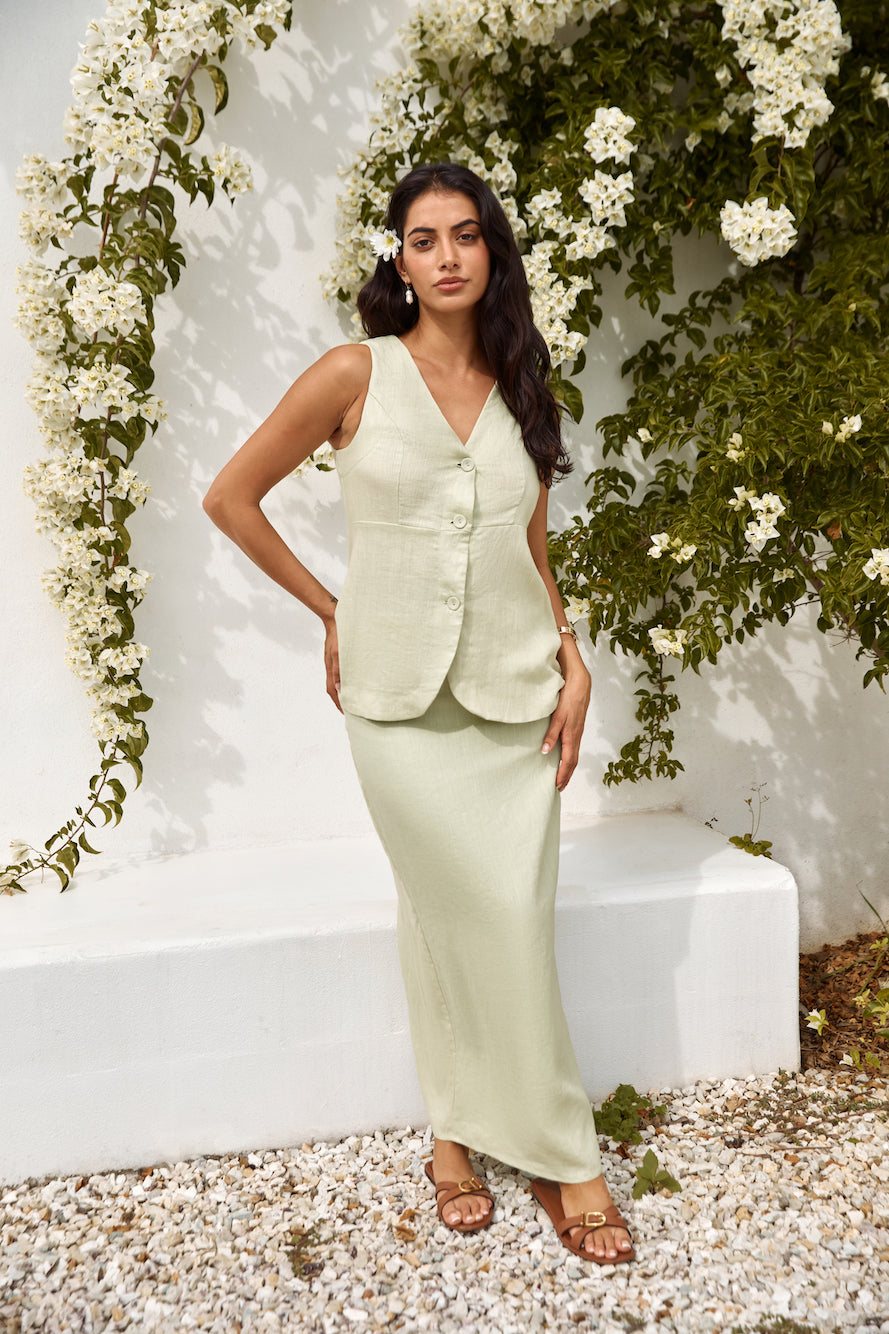 Seaside Haven Linen Vest Top Green