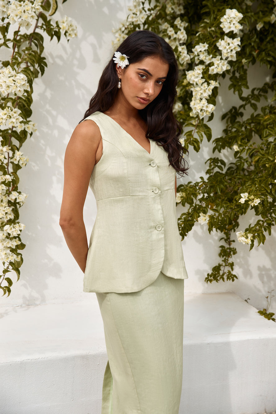 Seaside Haven Linen Vest Top Green