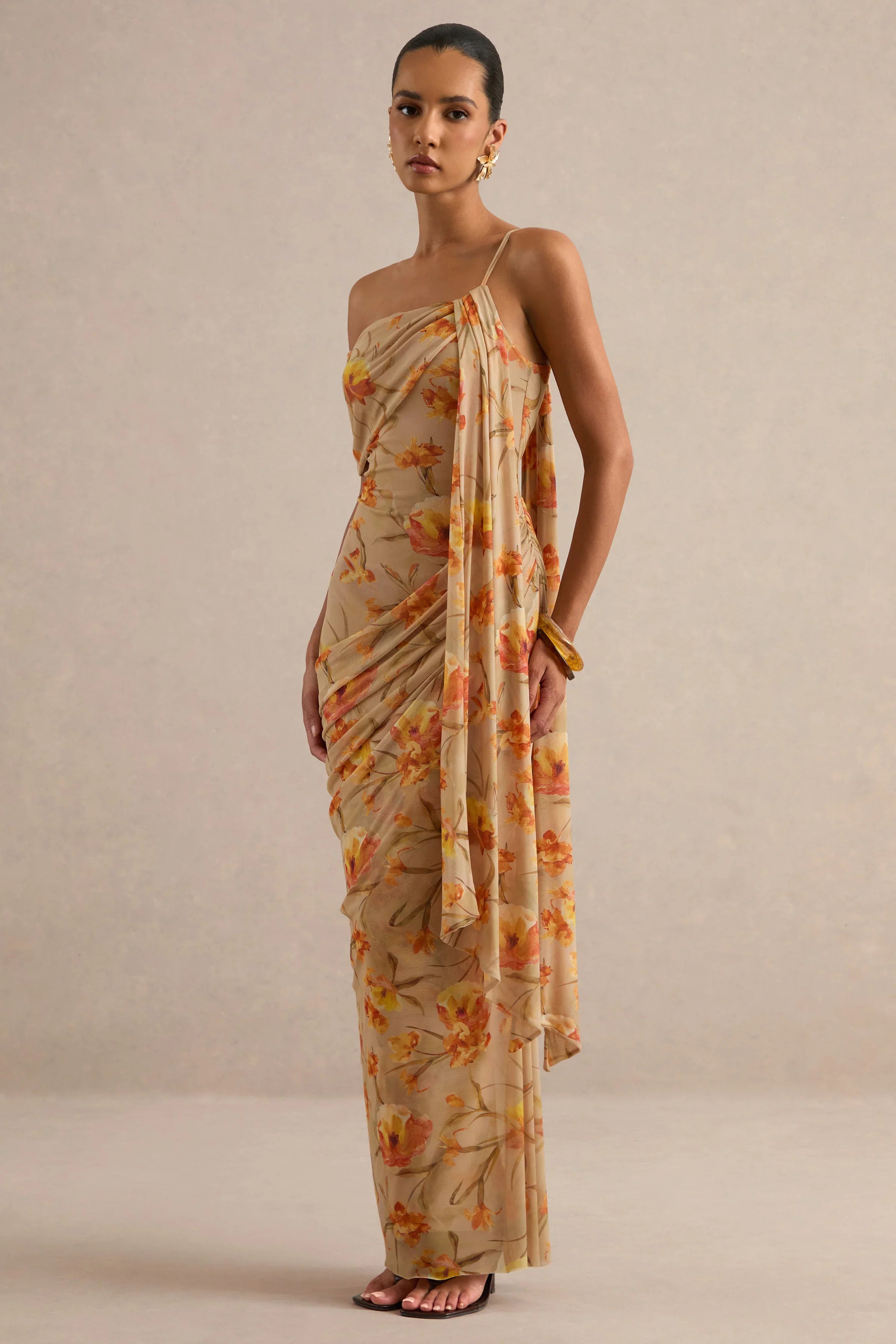 Afton | Orange Floral Mesh Asymmetric-Neck Maxi Dress With Sash Detail