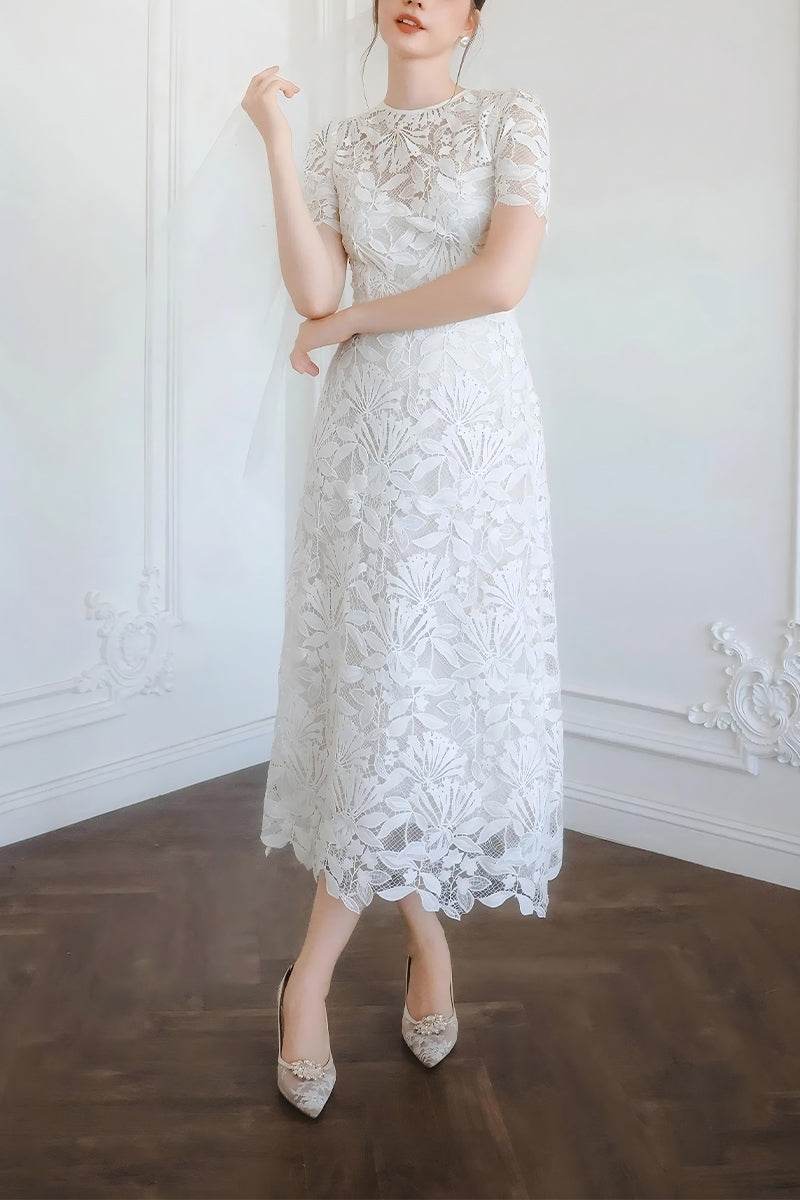 Sheath-Column Tea Length Lace Little White Dress 100016