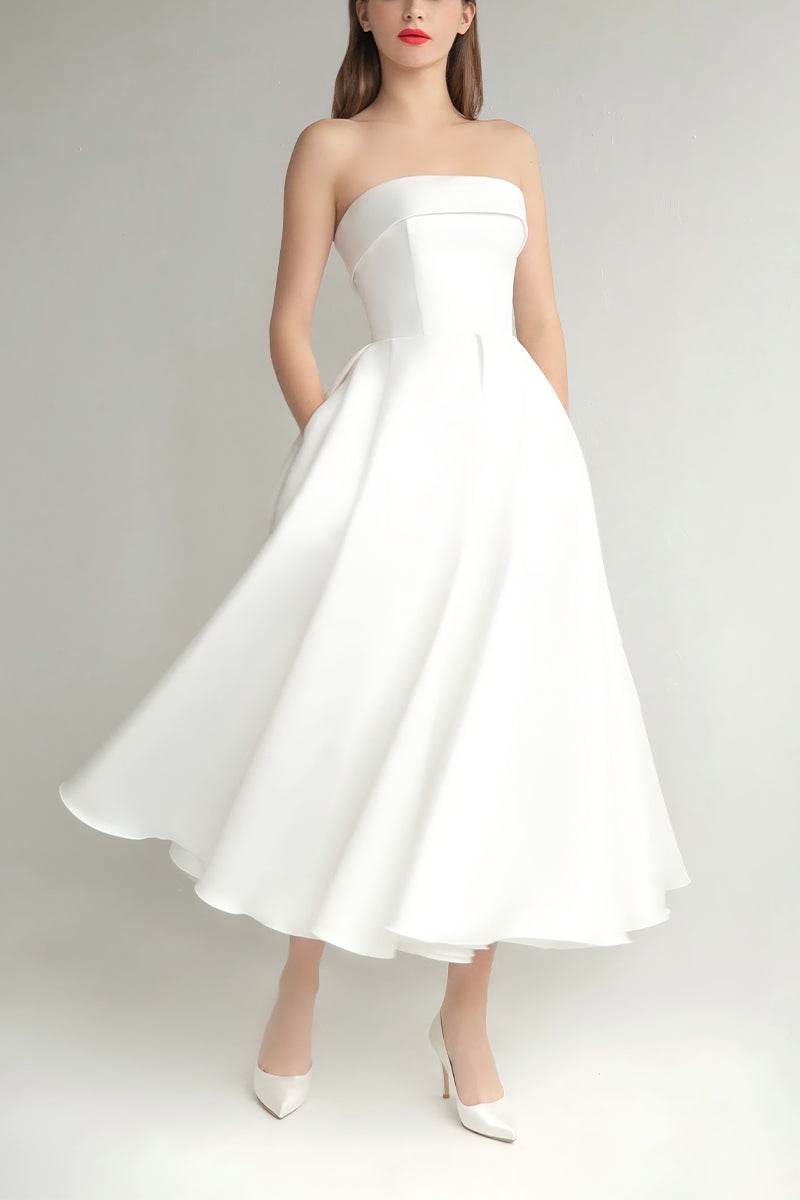 A-Line Tea Length Mikado Little White Dress 100023