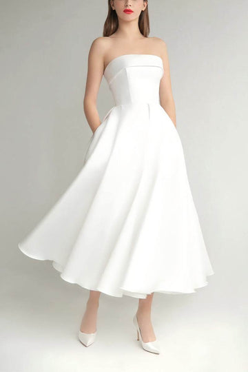 A-Line Tea Length Mikado Little White Dress 100023