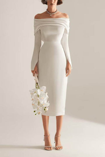 Sheath-Column Tea Length Elastic Cloth Little White Dress 100001