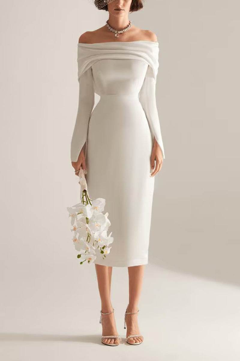 Sheath-Column Tea Length Elastic Cloth Little White Dress 100001