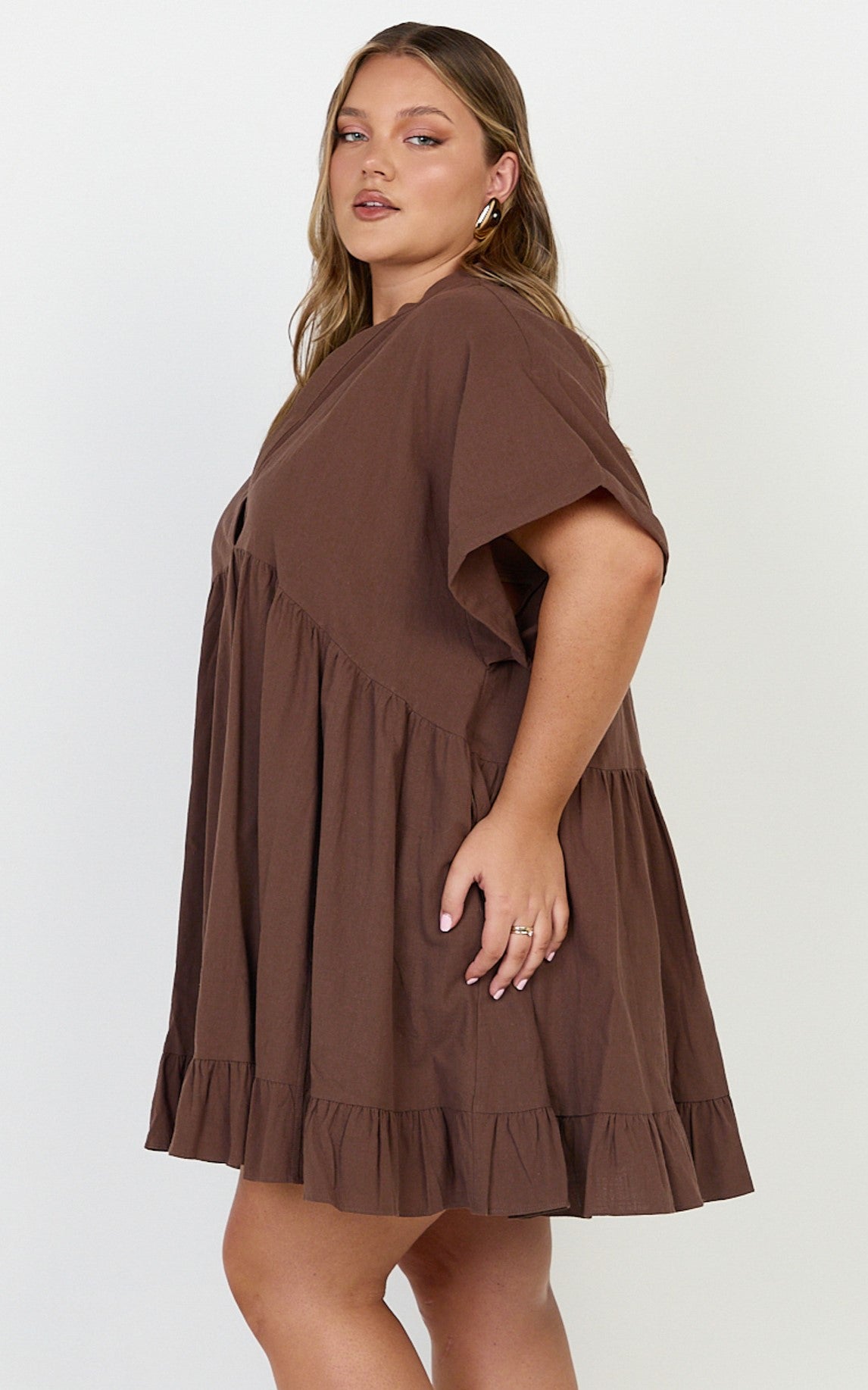 Calissa Mini Dress - Frill Hem Smock Dress in Chocolate