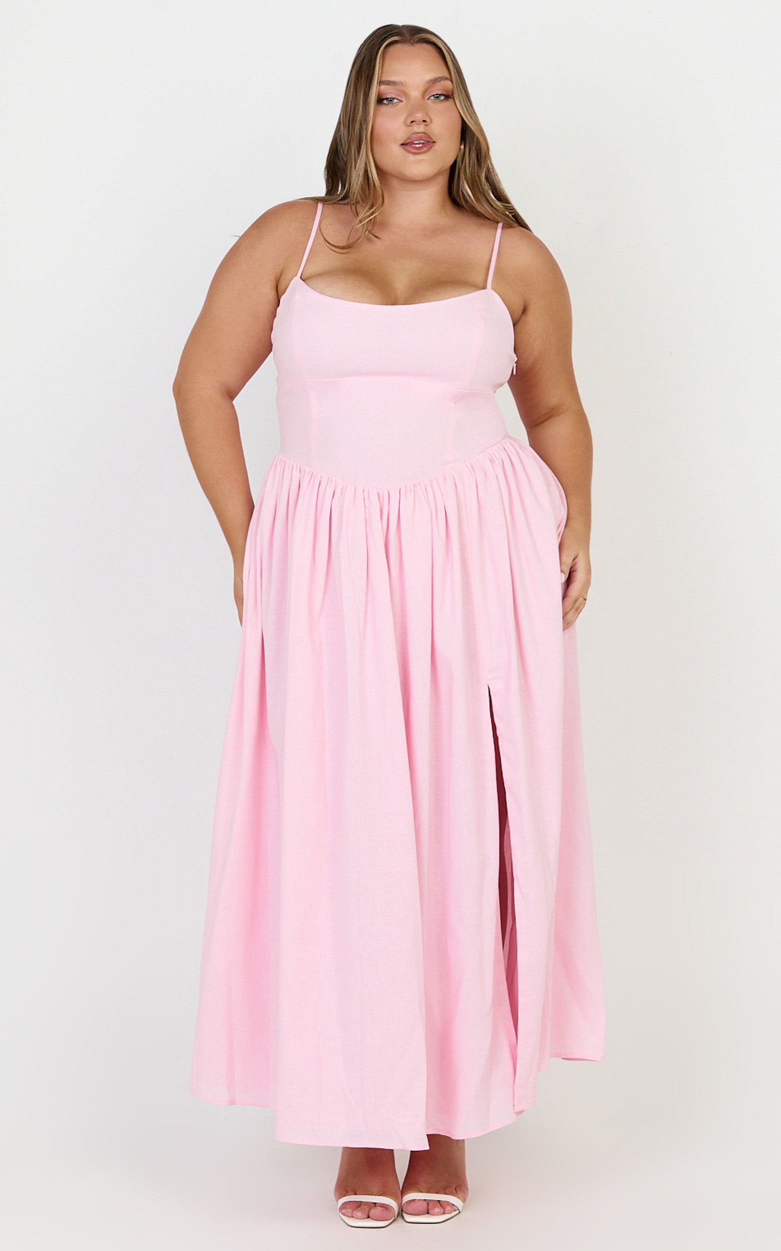 Morris Midi Dress - Linen Scoop Neck Gathered Dress in Pink