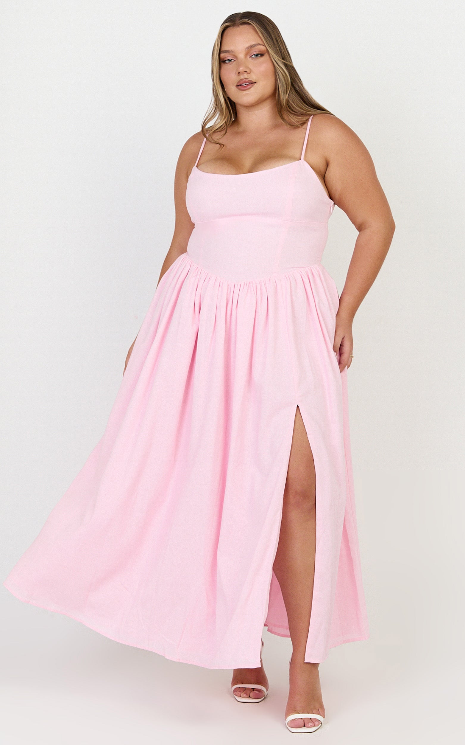 Morris Midi Dress - Linen Scoop Neck Gathered Dress in Pink