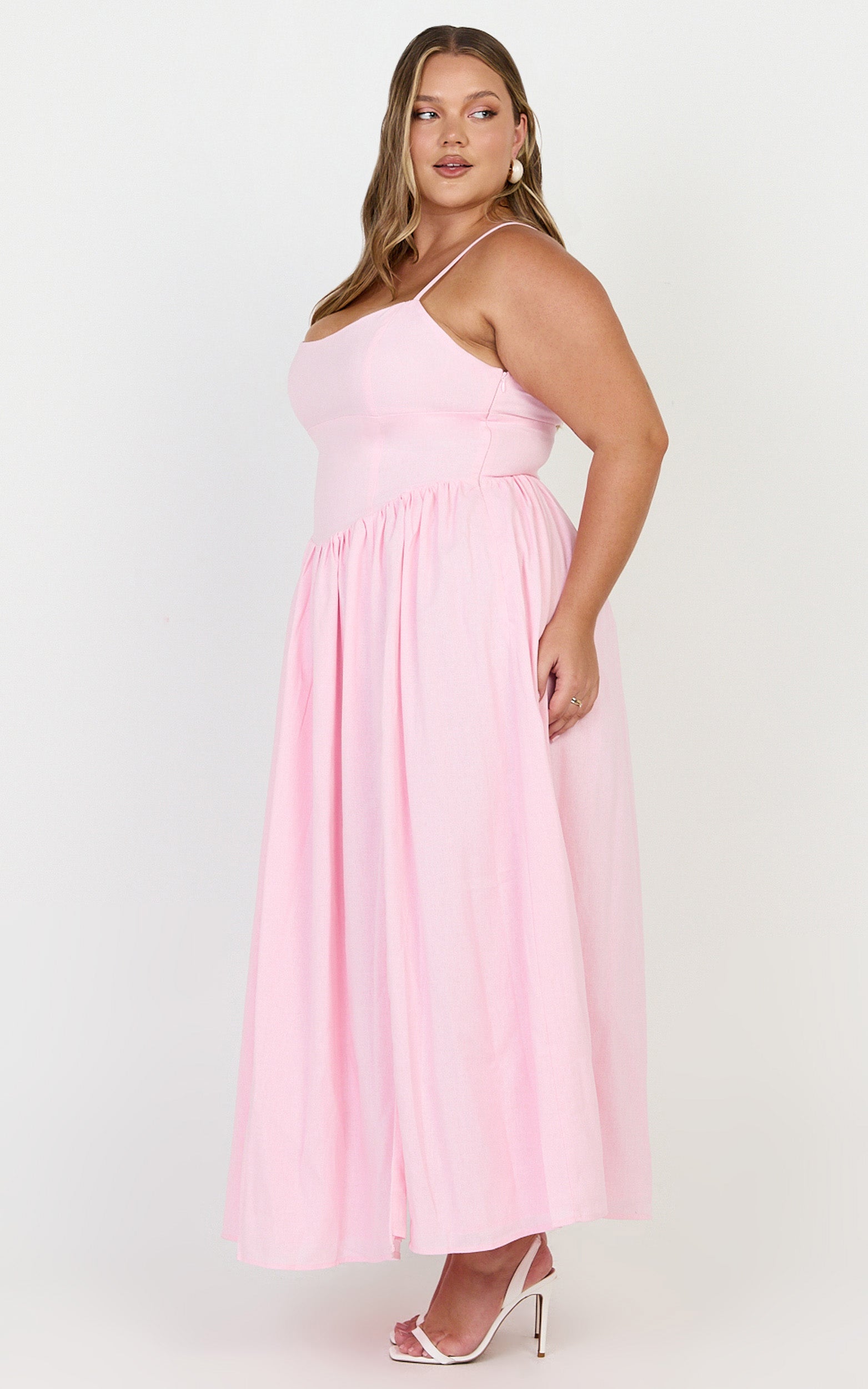 Morris Midi Dress - Linen Scoop Neck Gathered Dress in Pink