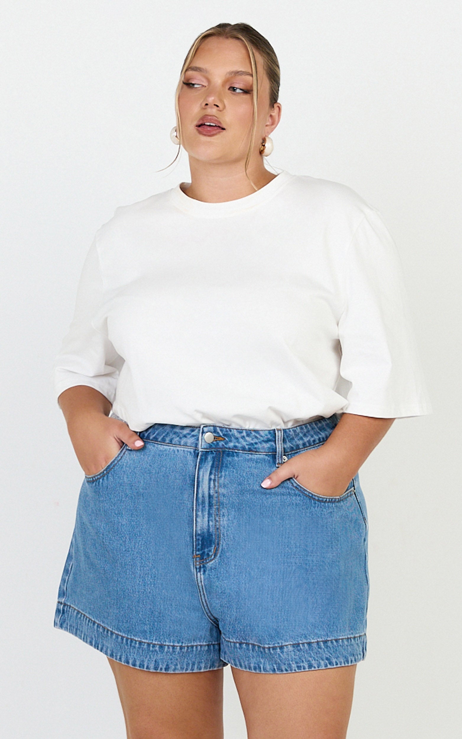 Rhianna Shorts - Mid Waist Recycled Denim Shorts in Mid Blue Wash
