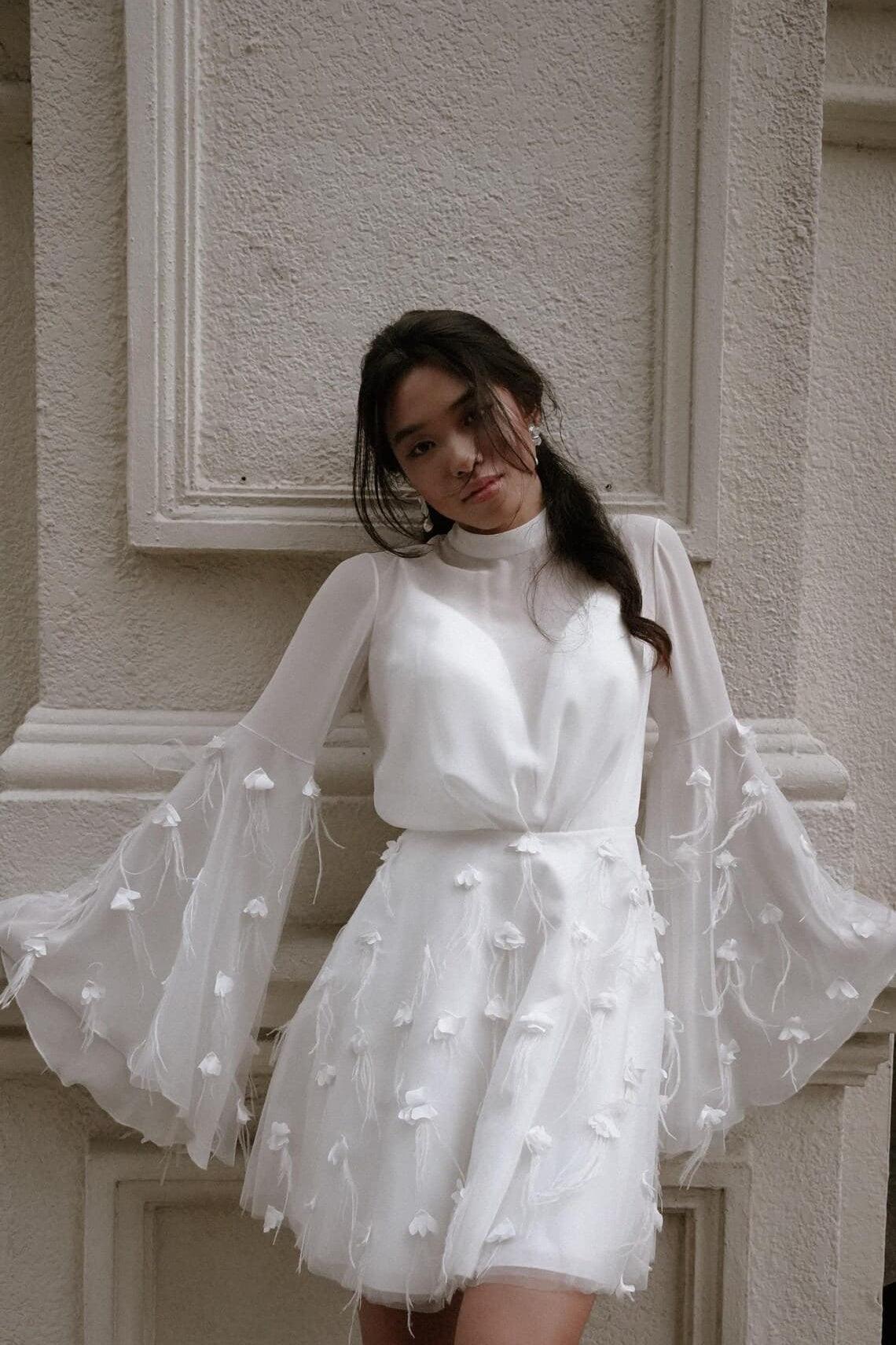 A-Line Short-Mini Chiffon Tulle Little White Dress 100021
