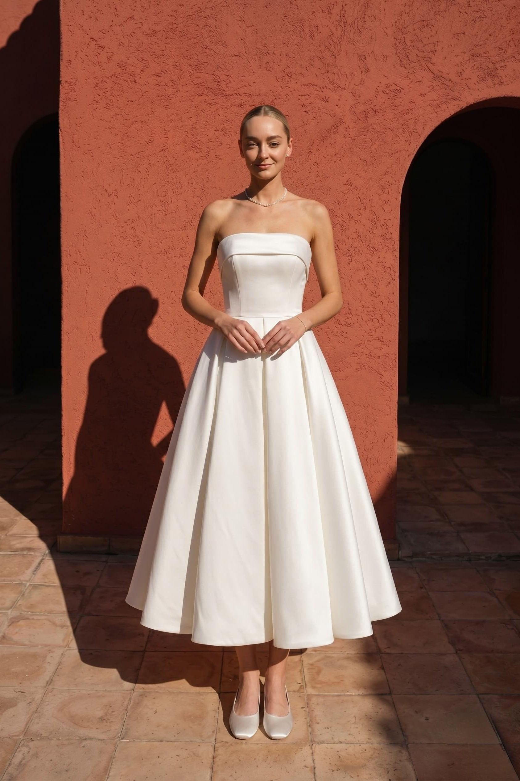 A-Line Tea Length Mikado Little White Dress 100023