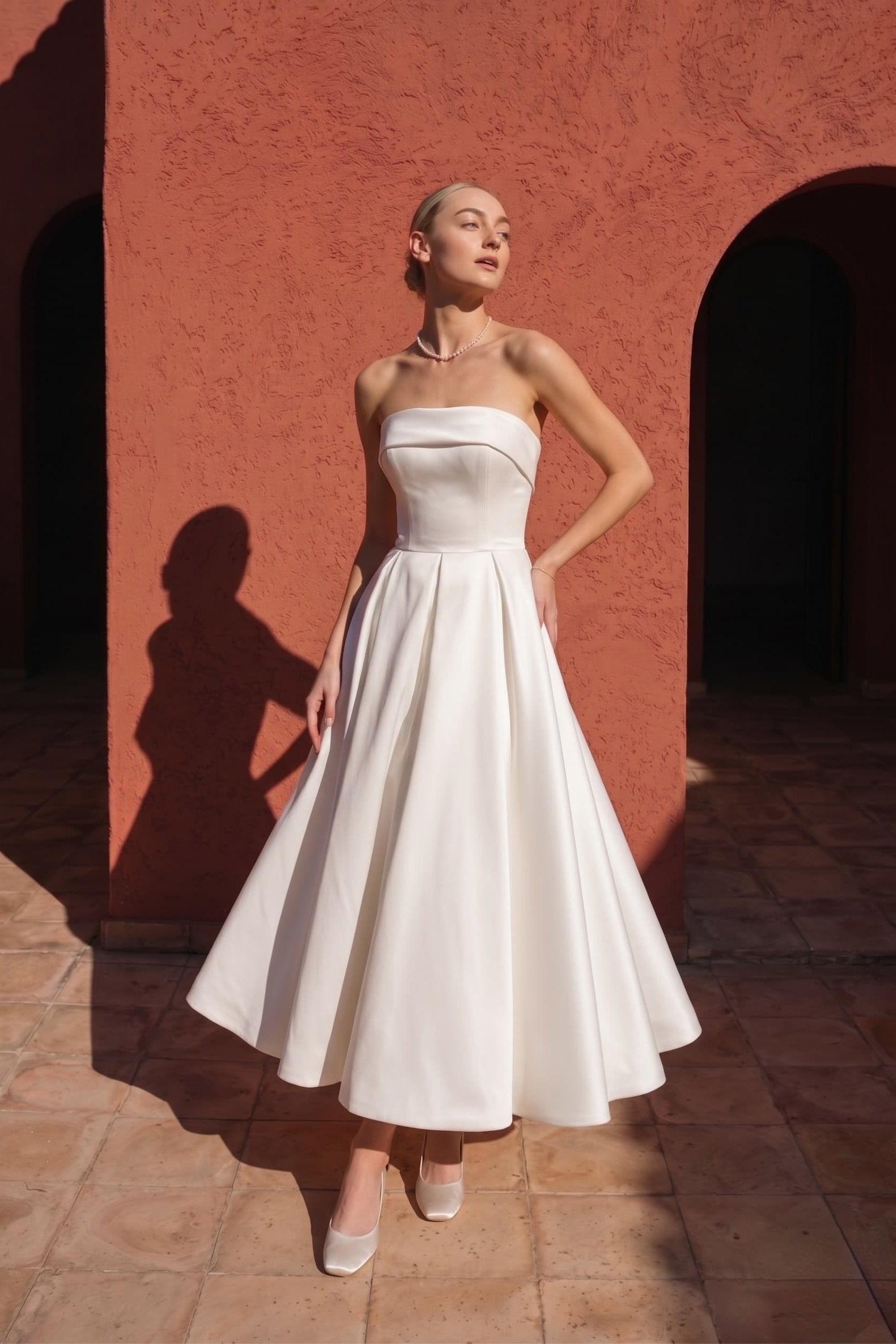 A-Line Tea Length Mikado Little White Dress 100023