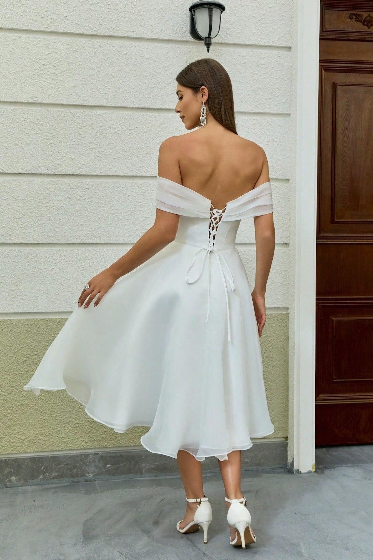 A-Line Tea Length Organza Little White Dress 100046