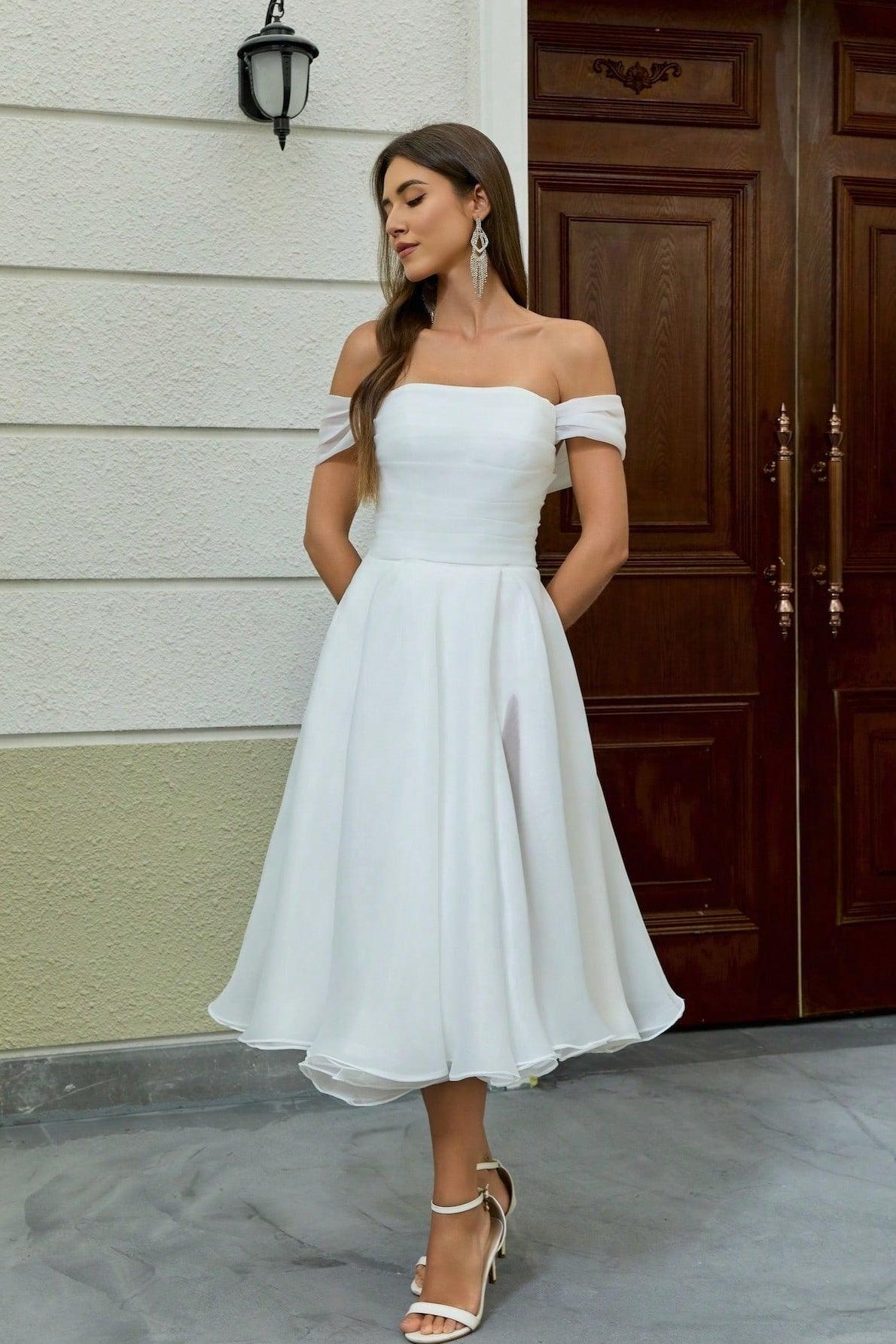 A-Line Tea Length Organza Little White Dress 100046