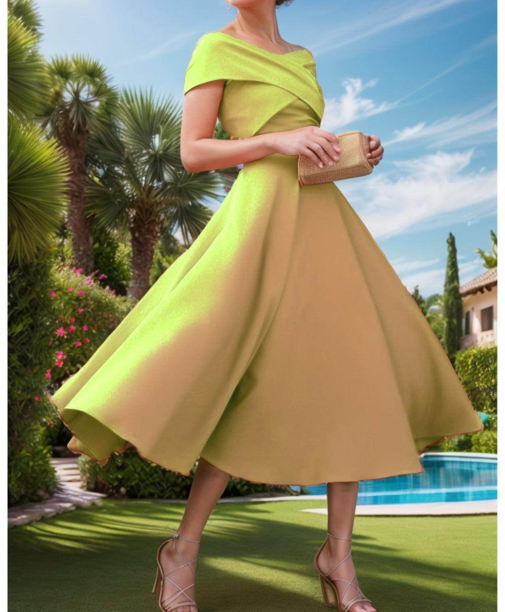 A-Line Tea Length Satin Prom Dress CS0455