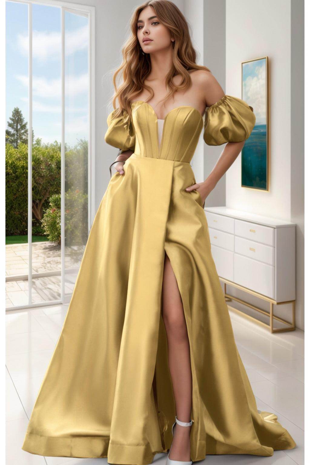 A-Line Sweep-Brush Train Satin Prom Dress CS0448