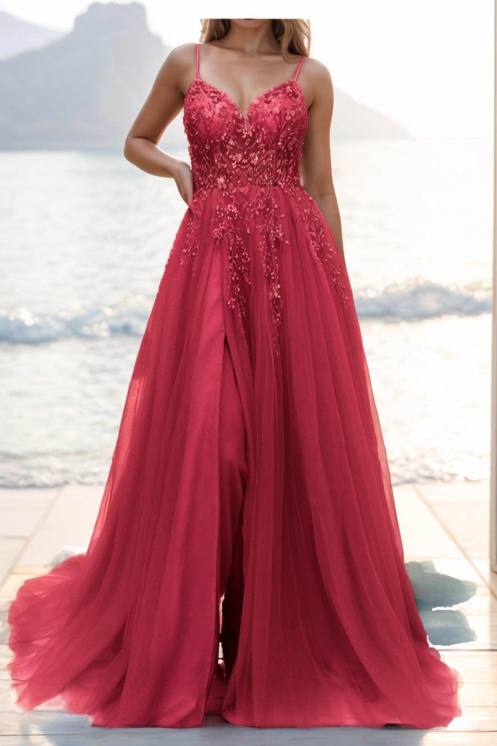 A-line Sweep-Brush Train Tulle Prom Dress CS0402