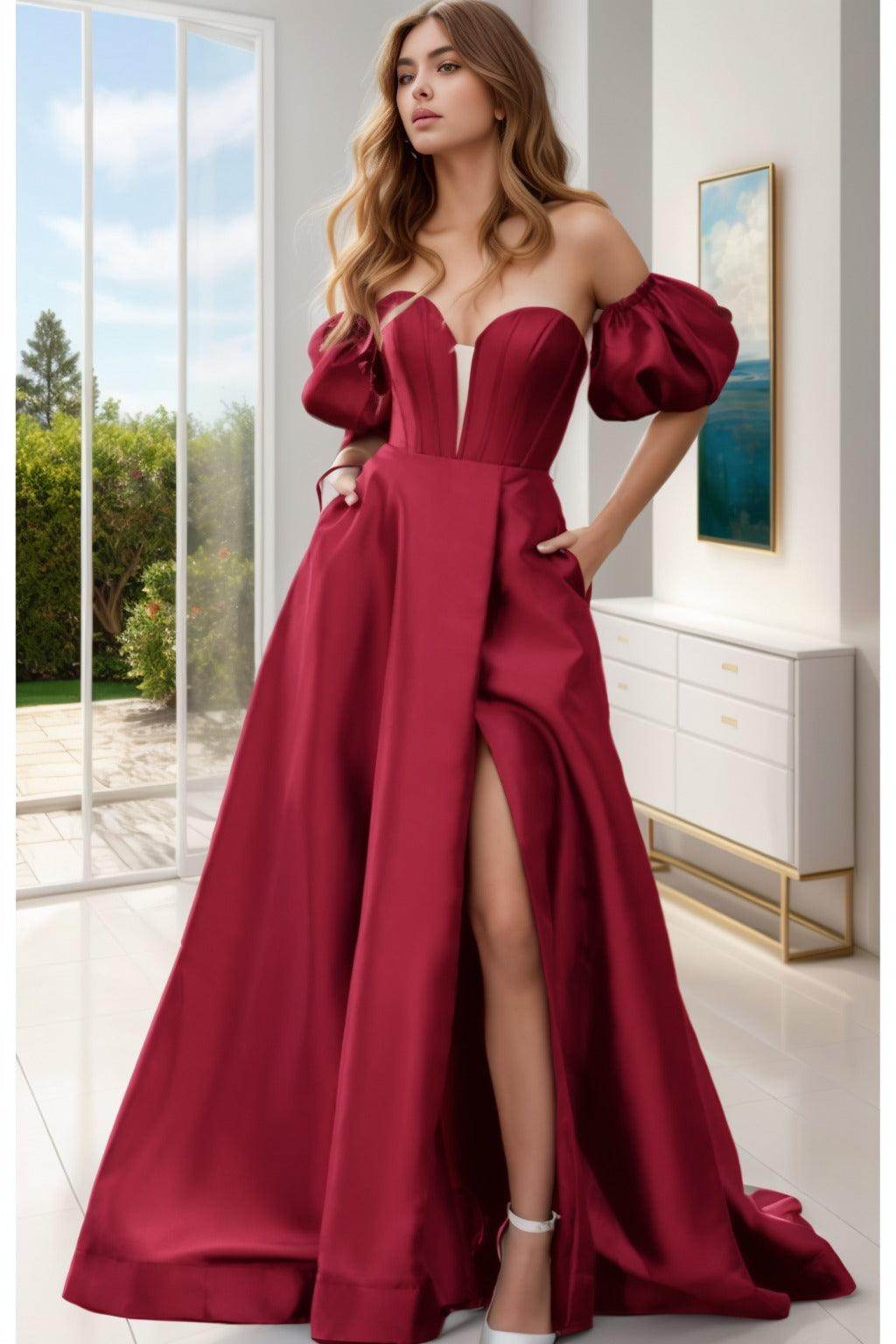 A-Line Sweep-Brush Train Satin Prom Dress CS0448