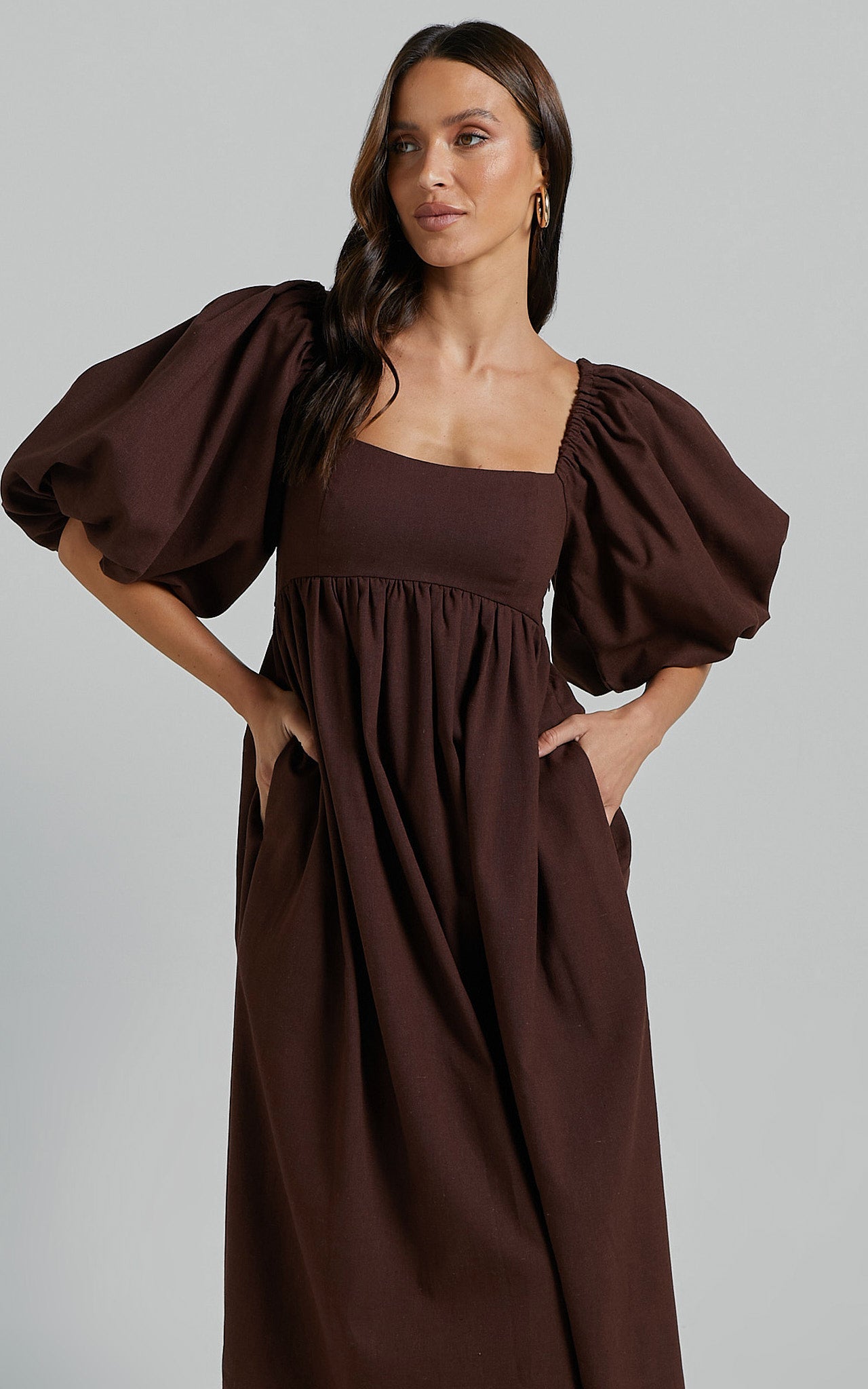 Cenia Midi Dress - Linen Straight Neck Shirred Back Puff Sleeve Dress in Dark Oak