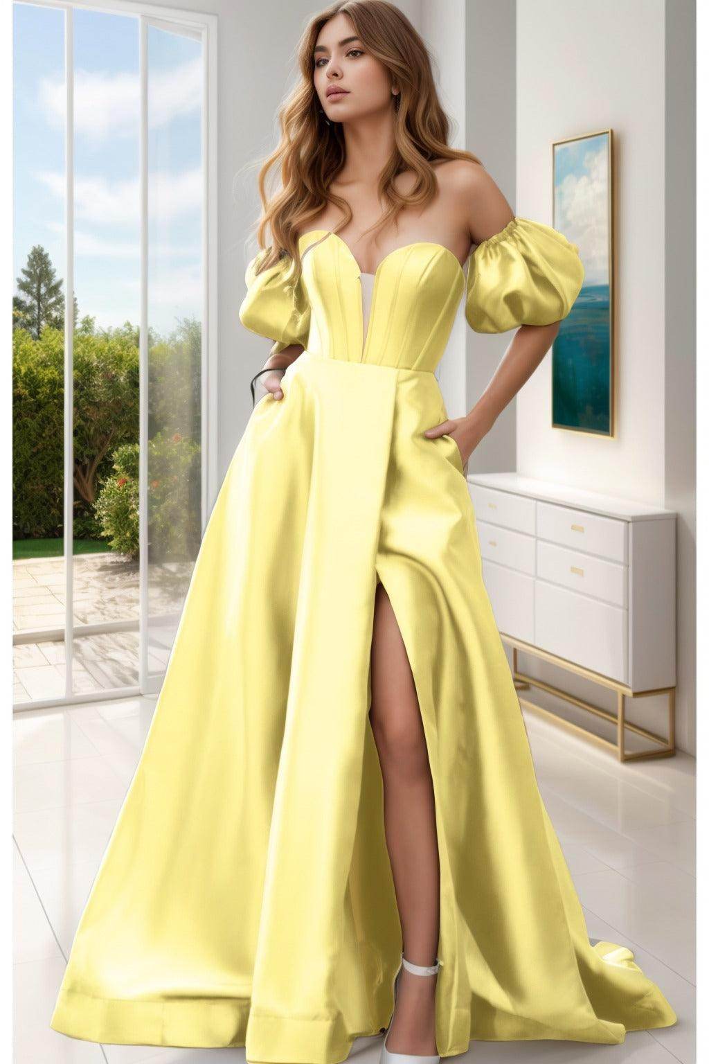 A-Line Sweep-Brush Train Satin Prom Dress CS0448