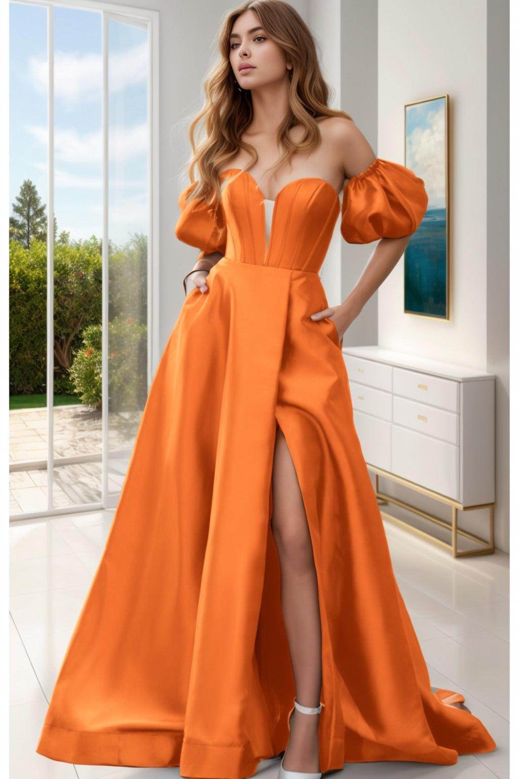 A-Line Sweep-Brush Train Satin Prom Dress CS0448