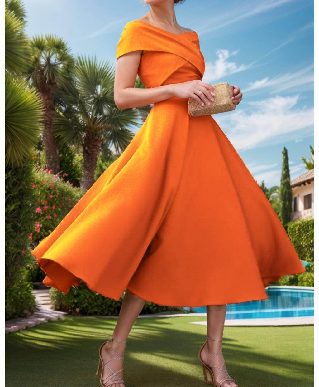 A-Line Tea Length Satin Prom Dress CS0455