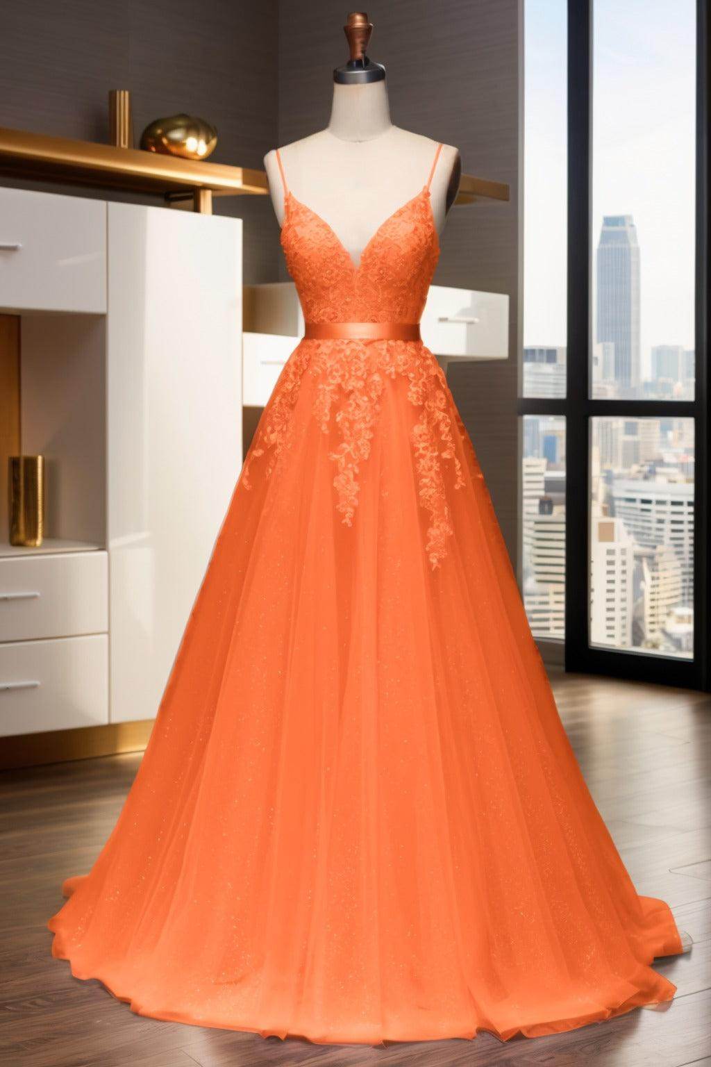 A-Line Sweep-Brush Train Tulle Prom Dress CS0464