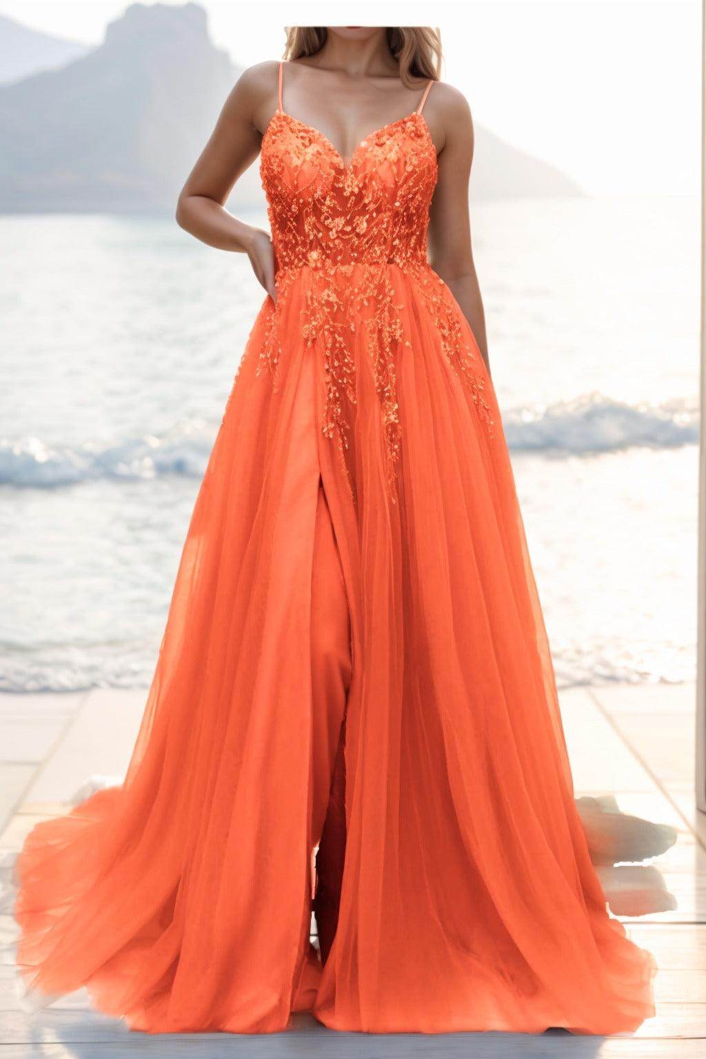 A-line Sweep-Brush Train Tulle Prom Dress CS0402